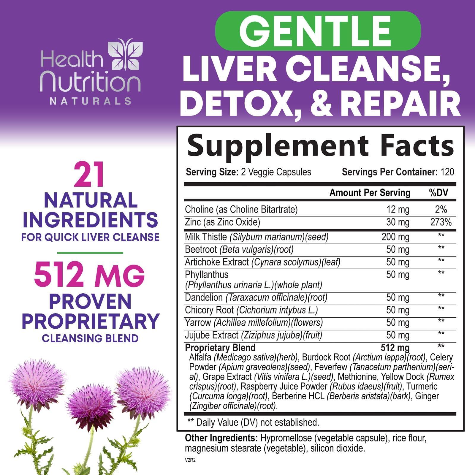 Health Nutrition Naturals Gentle Liver Cleanse Detox & Repair Formula - Herbal Liver Support Supplement: Milk Thistle with Silymarin, Artichoke Extract, Dandelion, Beet, Chicory Root, & Turmeric for Liver Health - 240 Capsules