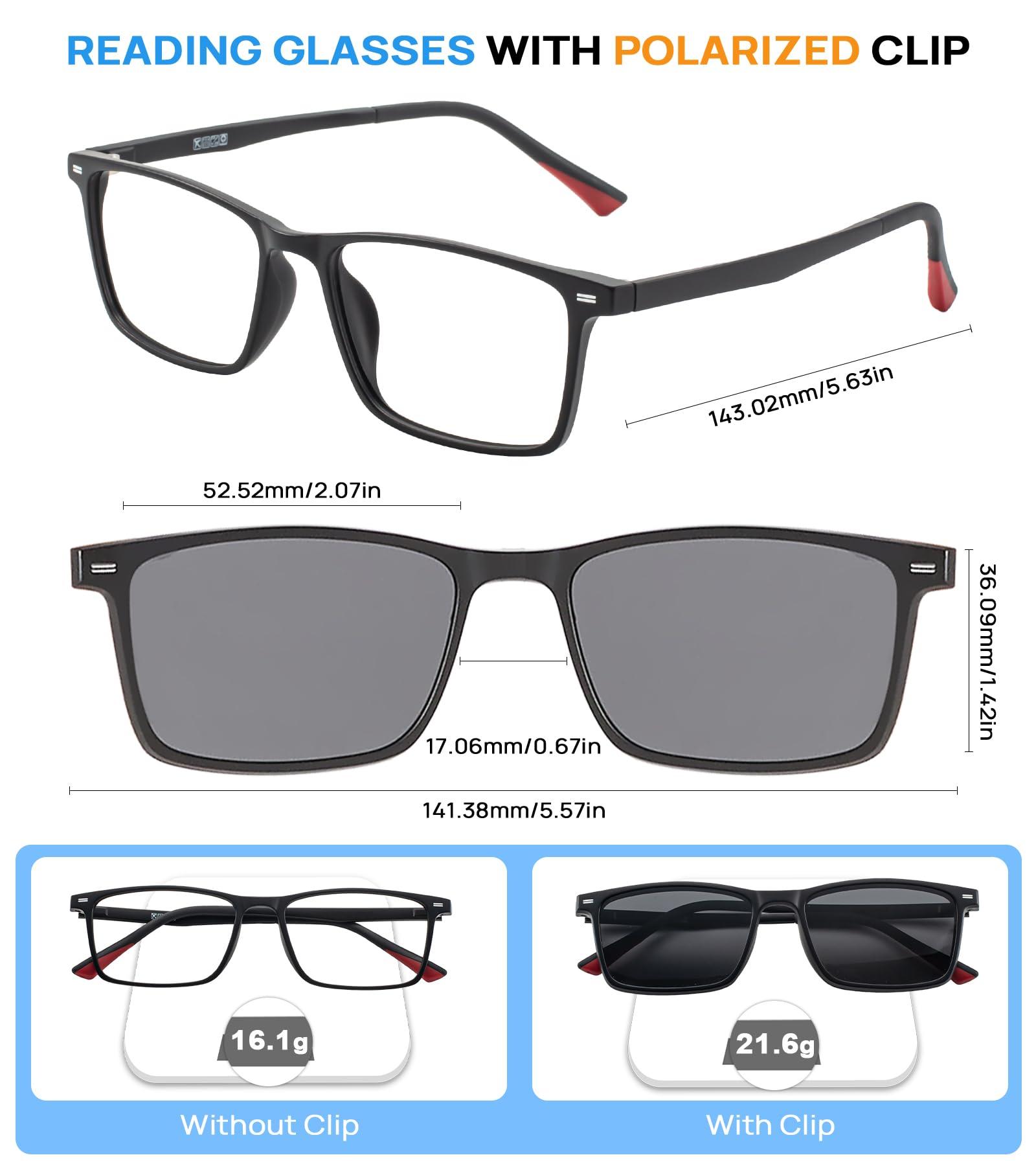 WEMOOTANTS WEMOOTANTS Reading Glasses 2.0 Men, with Outdoor Polarized Sunglasses Clip, Men's Rectangle Black Readers 3.0+