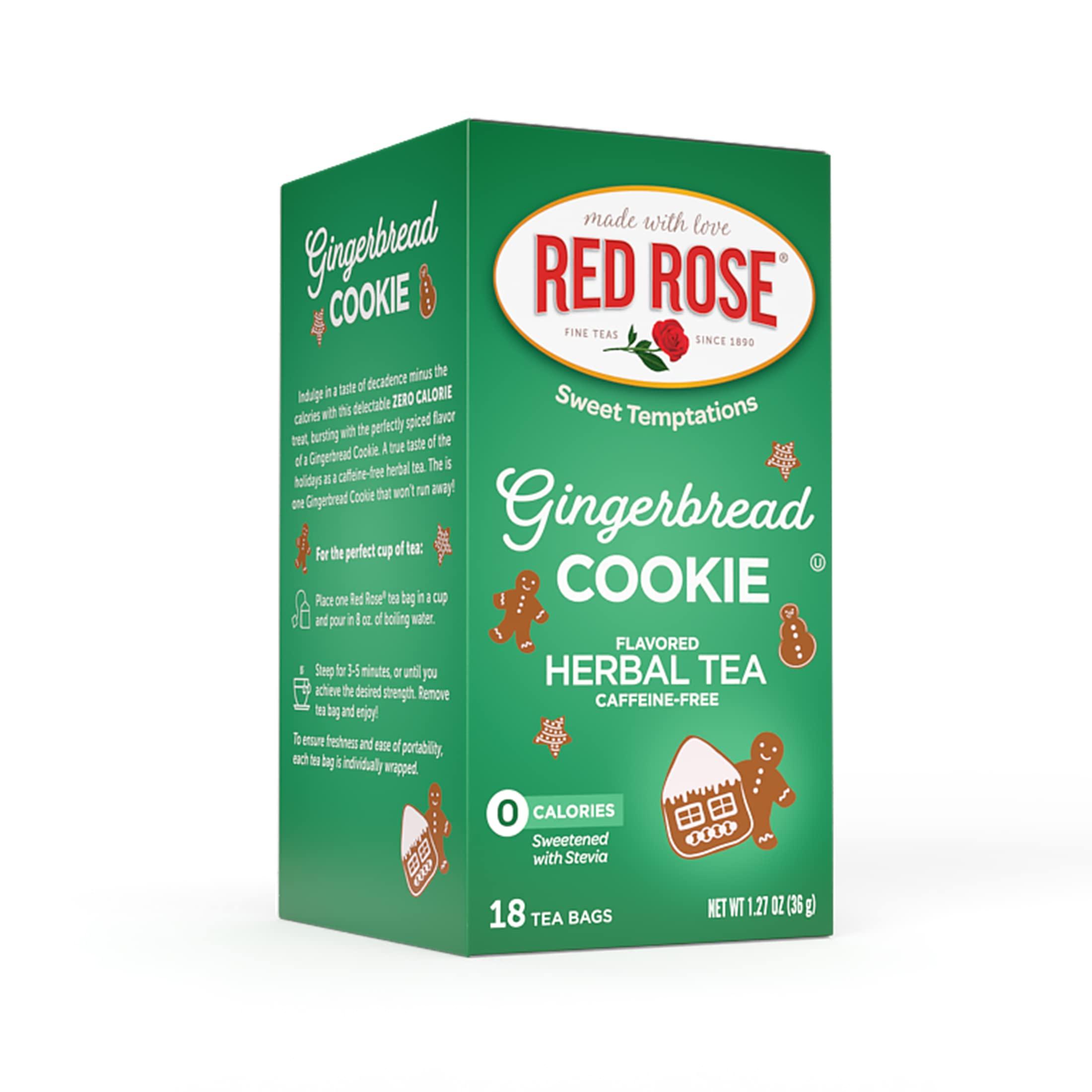 Red Rose Red Rose Sweet Temptations Dessert Tea Gingerbread Cookie, Zero Carbs, Zero Sugar Bursting with Flavor Caffeine-Free Delicious Beverage Herbal Tea, 18 Count Naturally Flavored Black Tea