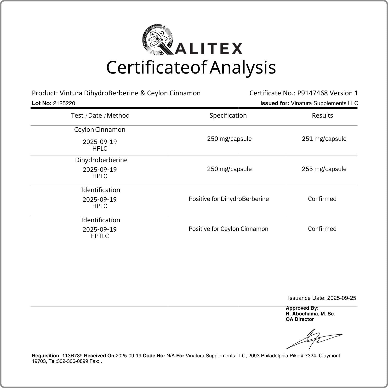 VINATURA VINATURA Dihydroberberine Supplement 500mg with Ceylon Cinnamon - (Patented GlucoVantage Super Berberine), Maybe Berberine 5X More absorbable - 30 Capsules