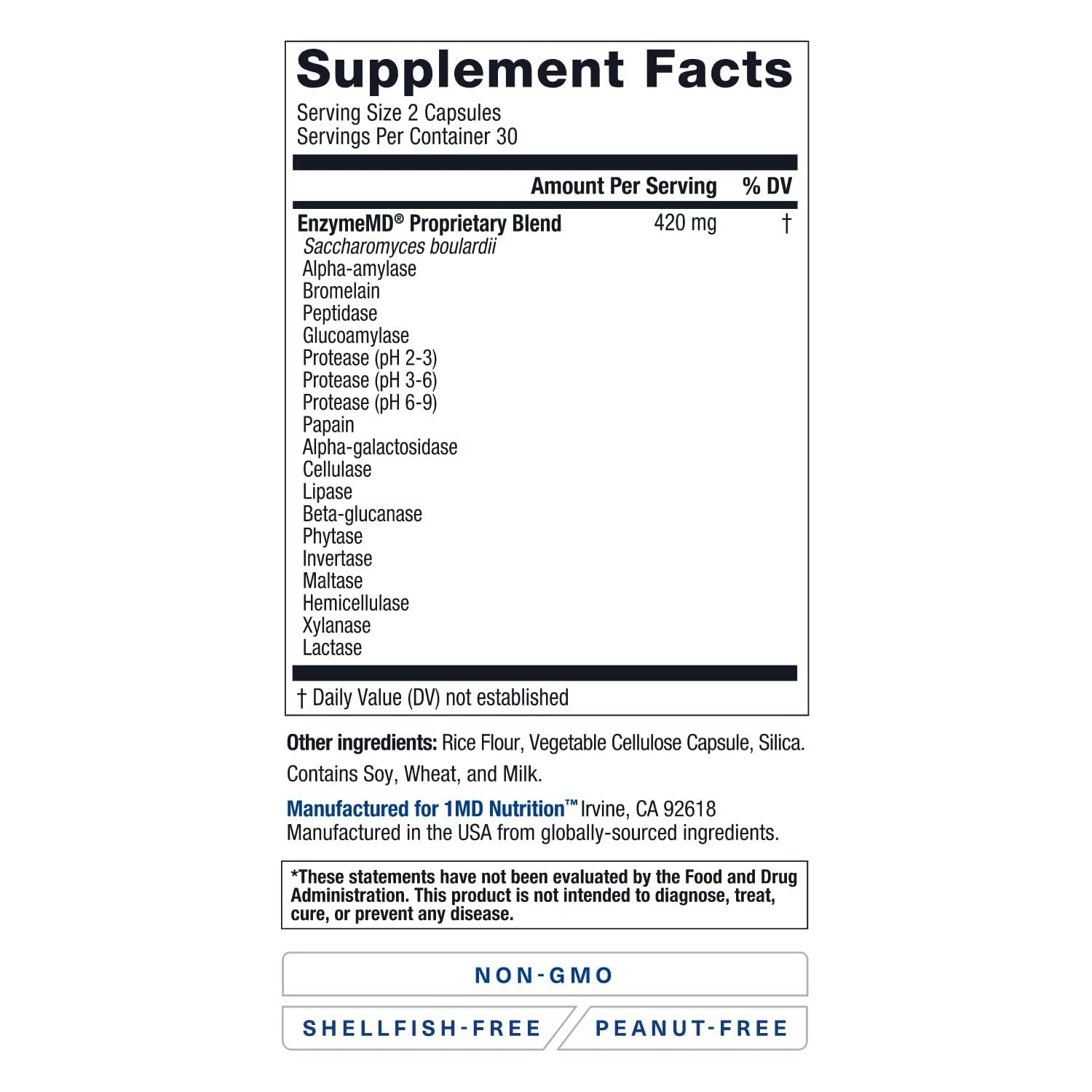 1MD Nutrition 1MD Nutrition EnzymeMD - Digestive Enzymes Supplement - Doctor Formulated | 18 Plant-Based Enzymes - Gas & Bloating Support | 120 Capsules (2-Pack)