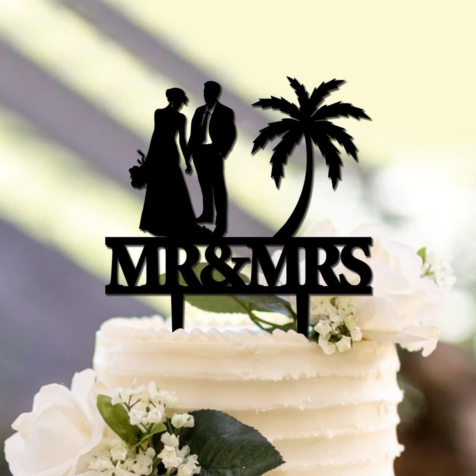 UanMere Cake Toppers Personalized Beach Theme Wedding Cake Toppers with Last Name Black Acrylic Anniversary Cake Topper Mr And Mrs Engagement Cake Supplies Boho Gifts for Married