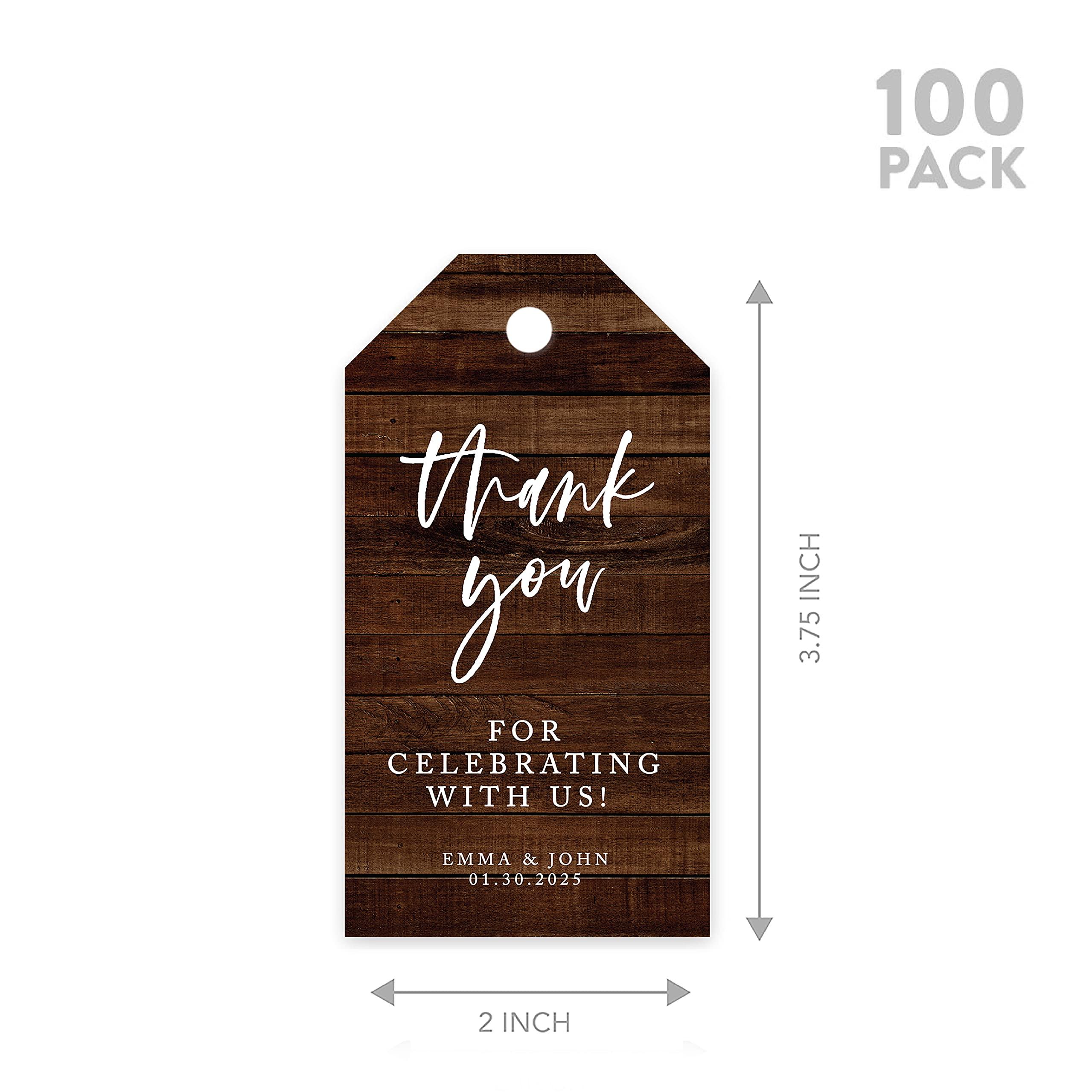 Andaz Press Andaz Press 100-Pack Personalized Thank You for Celebrating with Us Wedding Favor Tags with Bakers Twine Rustic Wood Custom Cardstock Wedding Gift Tags for Wedding Party Favors 2 x 3.75-Inches