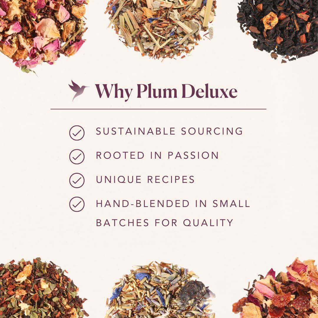 Plum Deluxe Plum Deluxe Variety Pack - Premium Loose Leaf Tea Sampler with Caffeine, Creme Brulee Earl Grey, Citrus Mint Green, Peaches & Cream Oolong, Pecan Black & Floral Black
