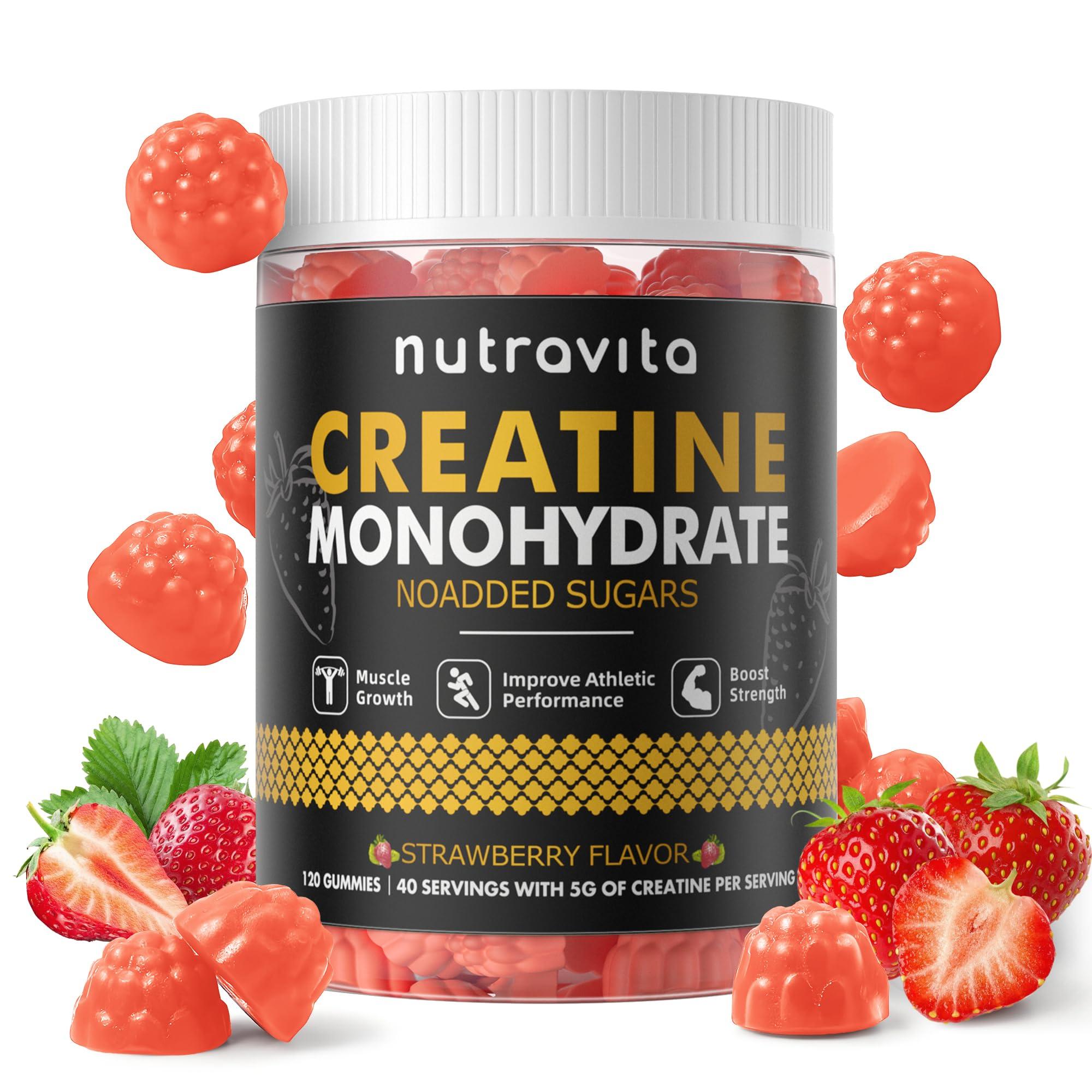 Nutravita Nutravita Creatine Monohydrate Gummies for Men & Women-5g of Creatine Monohydrate per Serving - Sugar Free,Vegan, Strawberry Flavor, 120 Count