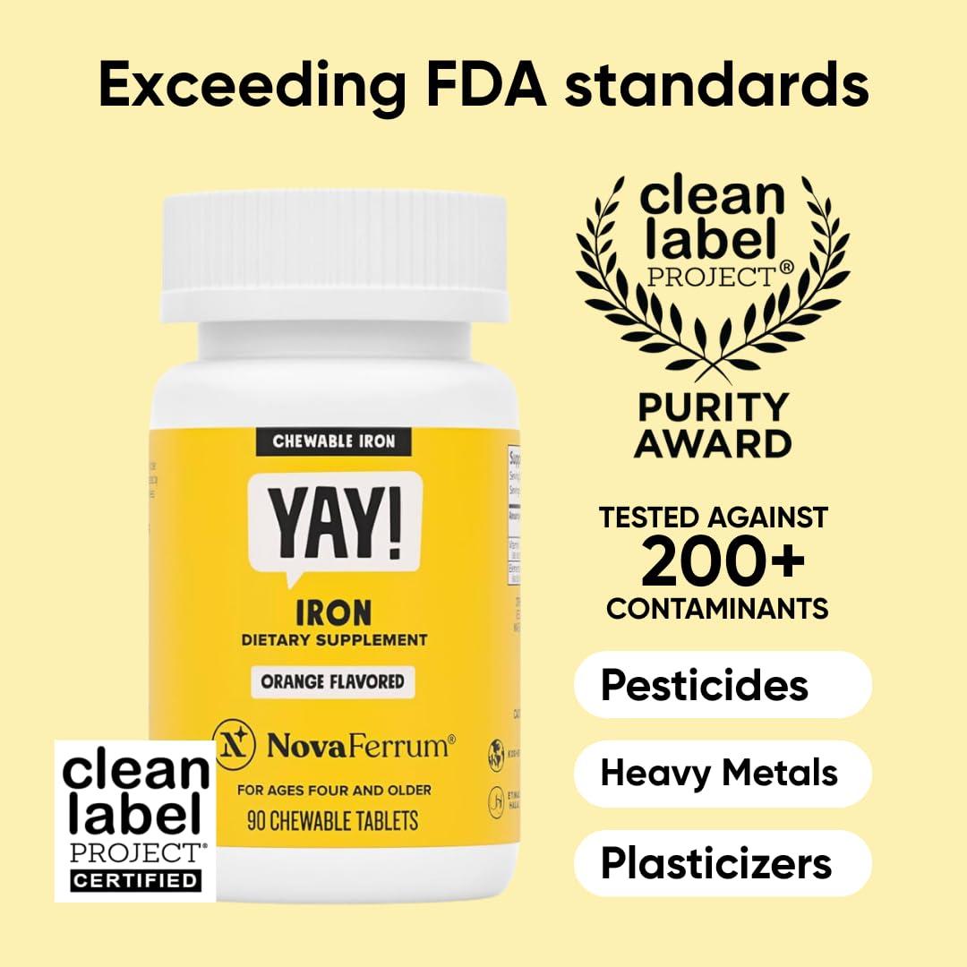 NovaFerrum NovaFerrum Yay | Chewable Iron Supplement for Kids & Adults for Anemia | 18mg of Iron | 90 Servings | Sugar Free | Vegan | Gluten Free | Orange Flavor