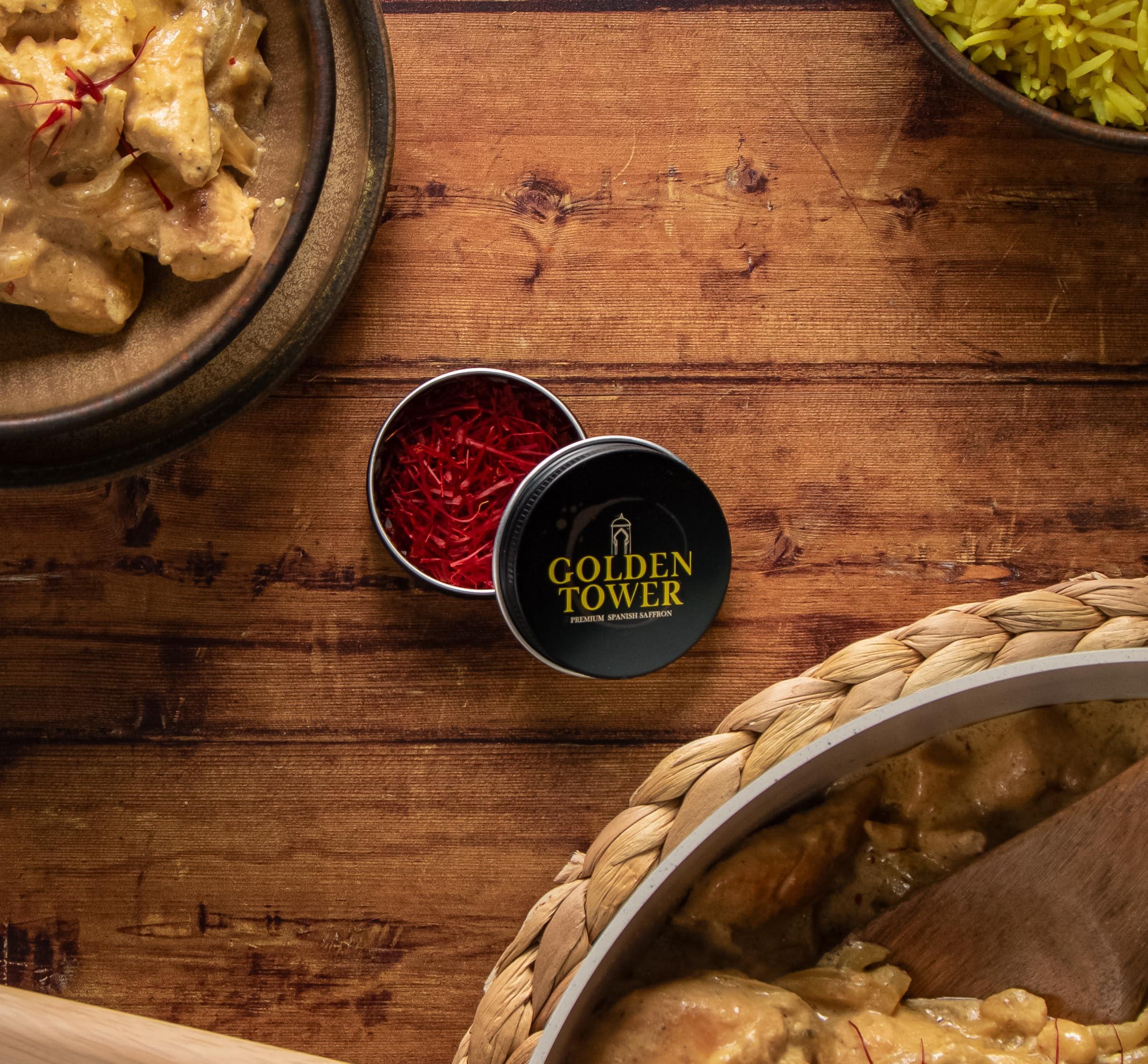 GOLDEN TOWER Saffron Threads by Golden Tower - Pure and Geniune all Red Saffron strands - Premium Grade Saffron Ideal for Paella, Chicken, Curry, Tea and many more dishes (0.1 Ounces - 3 Grams)