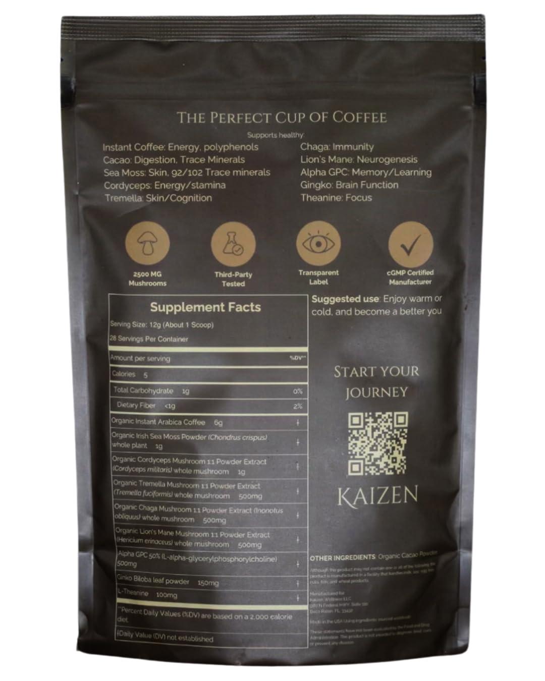 Kaizen Kaizen Coffee - Premium Mushroom Nootropic Blend With Irish Sea Moss, Coffee, Mushrooms, Cacao, Theanine - Performance, Clarity, Energy, Wellness - Clean Caffeine - Adaptogenic Instant Powder - 12.7oz