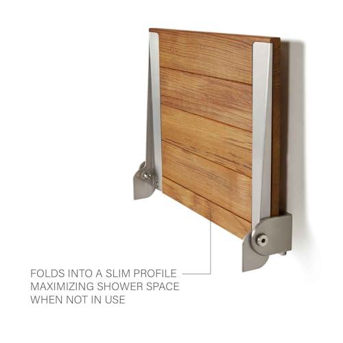 Seachrome Seachrome18 inch Silhouette Slimline Folding Wall Mount Shower Bench Seat, Natural Teak Wood with Silver Frame