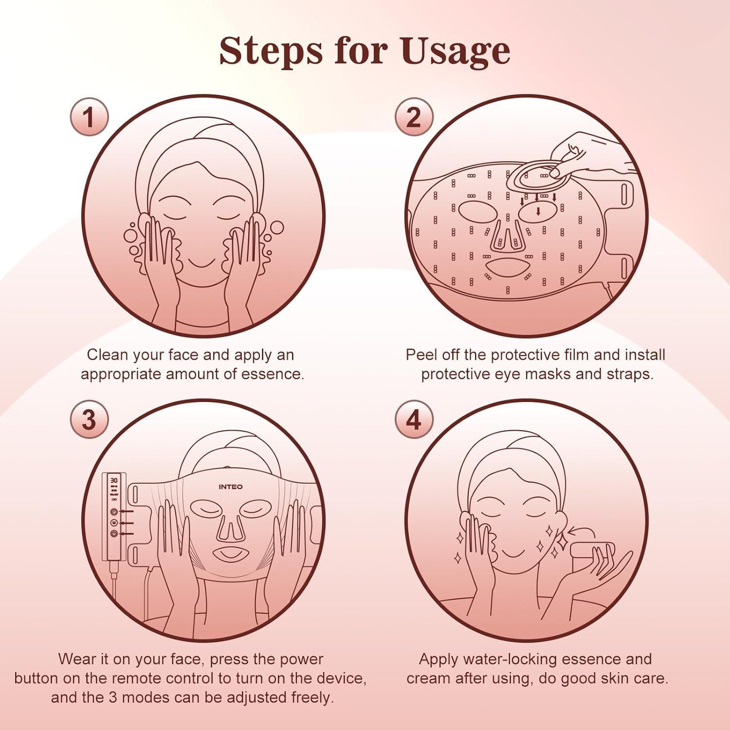 INTEO Red Light Therapy for Face, 3 Modes Portable Led Face Mask Light Therapy with Remote, Near-infrared 850 Red Light Therapy Mask with Timing Function, Red Light Therapy At Home 180 LED Beads