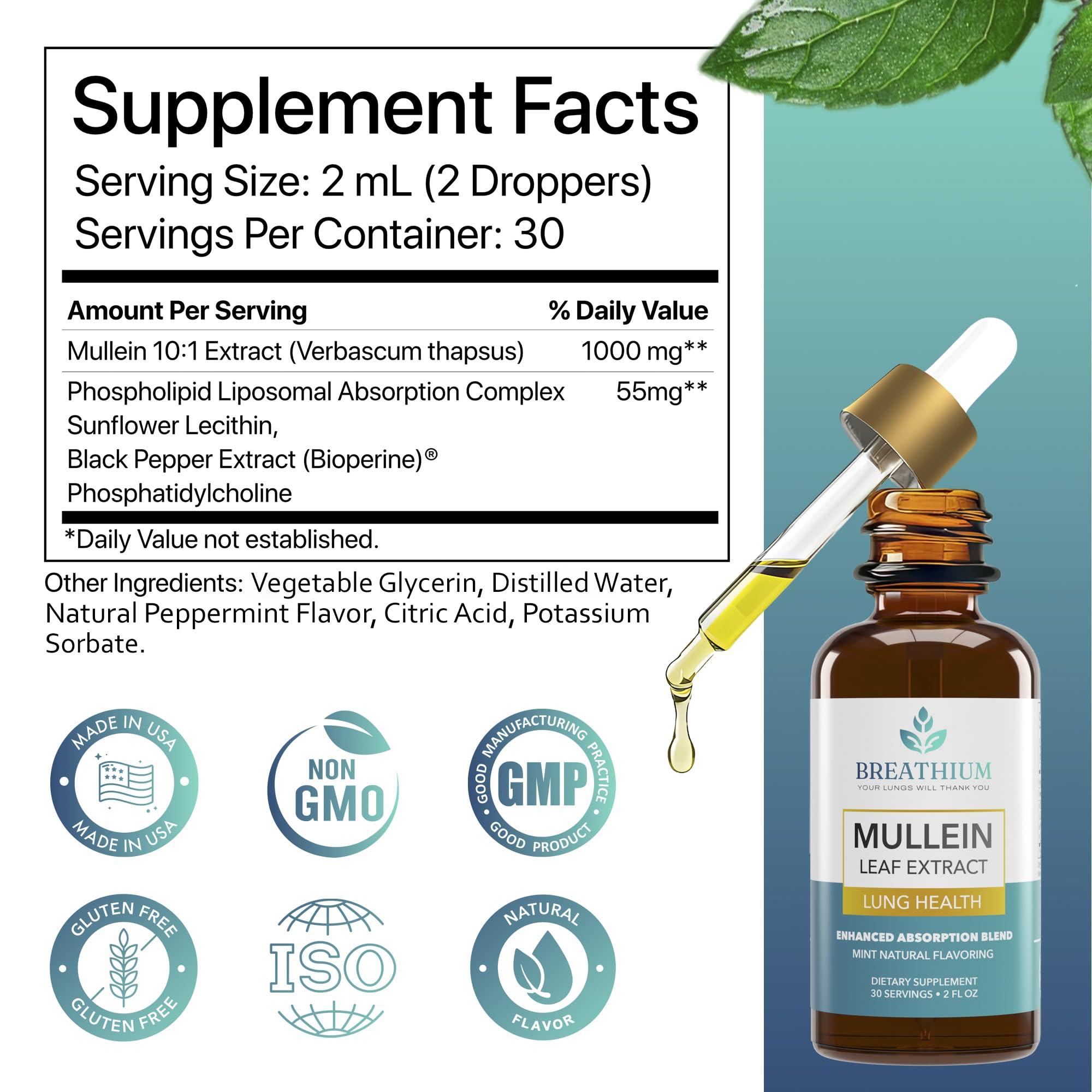 BREATHIUM BREATHIUM Organic Mullein Drops for Lungs  Rapid Mucus & Sore Throat Relief  Liposomal Mullein Leaf Extract Supplement for Healthy Breathing  Sunflower Lecithin, & Peppermint Tea  Made in USA