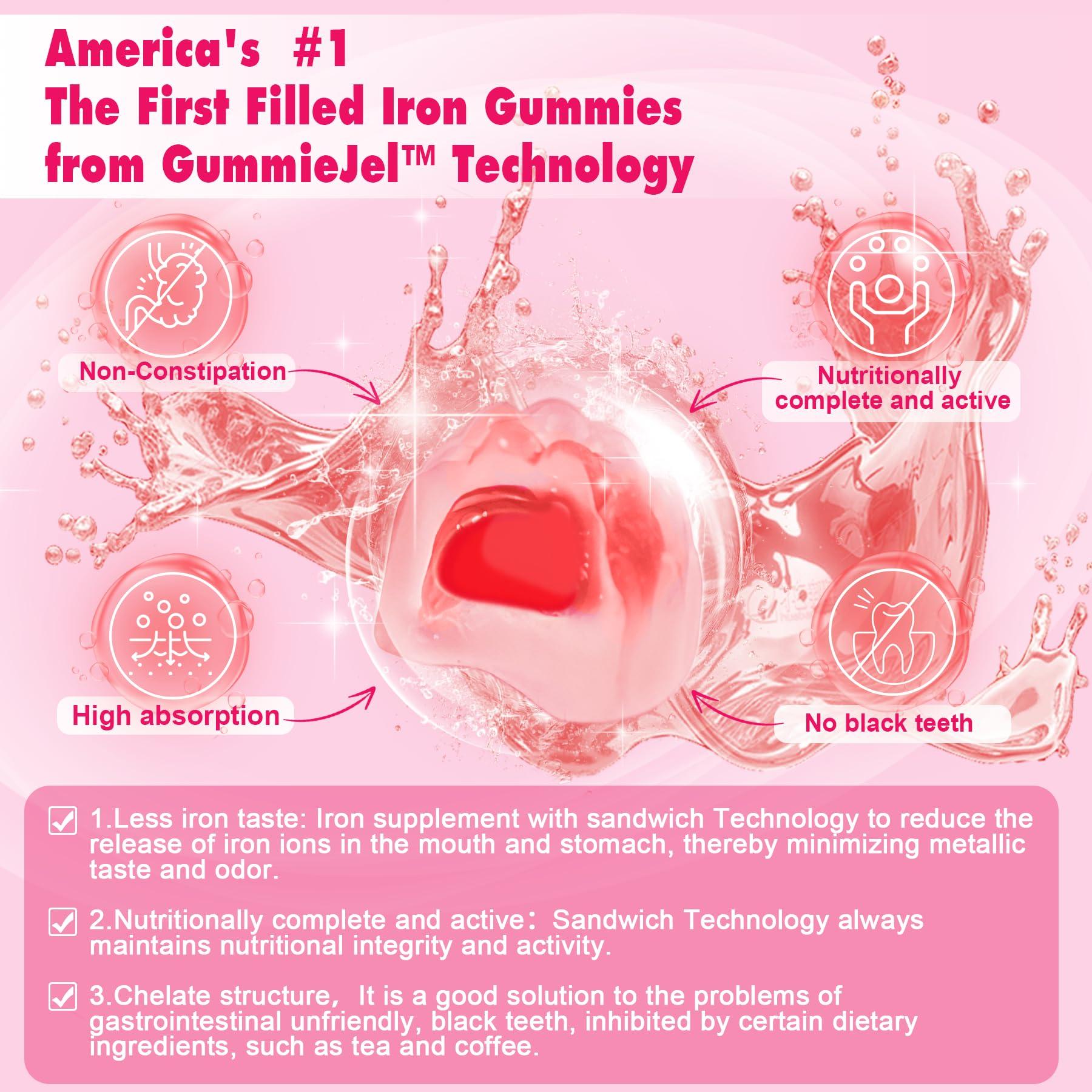 NextDia Iron Bisglycinate 26mg Filled Gummies - Gentle Beet Root Iron Gummy plus Vitamin C, Supplement Iron with B12 & Folate for Women & Men, Iron Deficiency, Immune & Energy Support, Sugar-Free, Vegan,60Cts