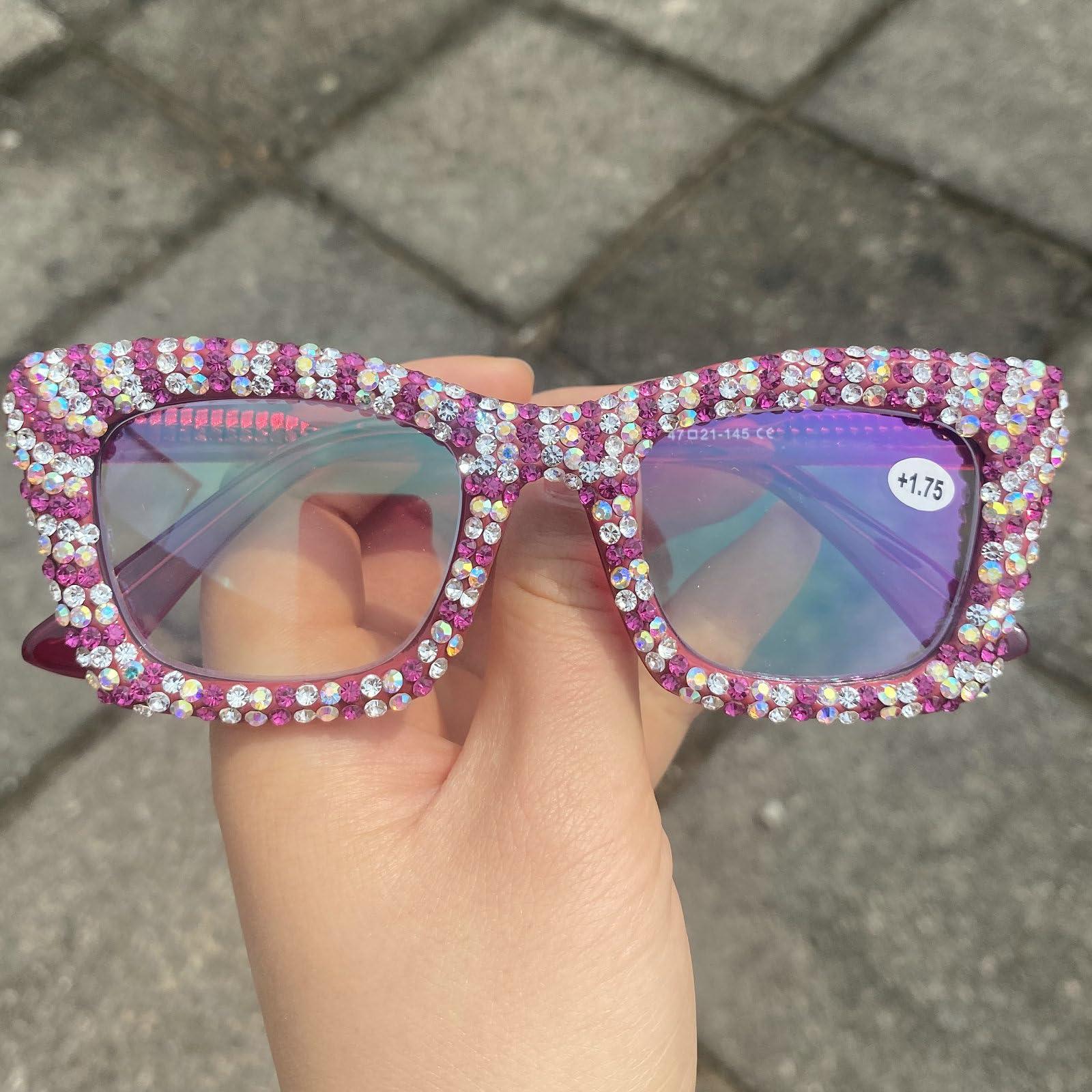 mincl mincl Oprah style Bling Rhinestone Reading Glasses for Women Shiny Diamond Blue Light Blocking Ladies Square Readers (rose, 1.25, x)