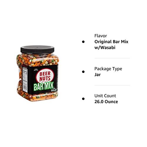 BEER NUTS BEER NUTS Bar Mix w/Wasabi - Pretzels, Cheese Stix, Sesame Stix, Insane Grain & Wasabi Peas - 26oz Family Size Resealable Jar (Pack of 1)