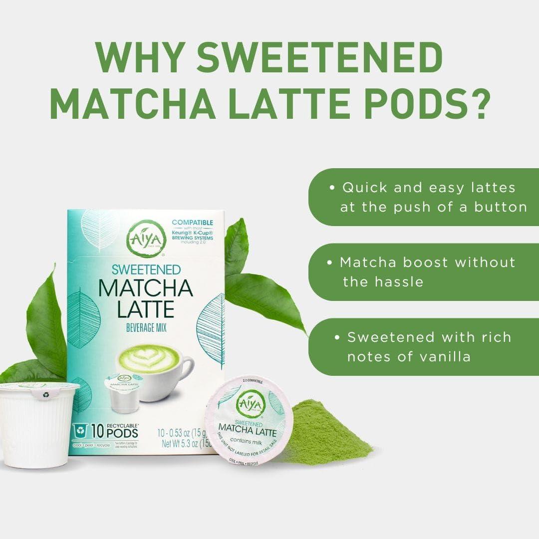 AIYA SINCE 1888 Aiya Sweetened Matcha Latte Pods, Creamy Matcha Pods for a Keurig - Authentic Matcha with Rich Notes of Vanilla, Convenient Single-Serve Pods (10 Count, Sweetened Matcha Latte)