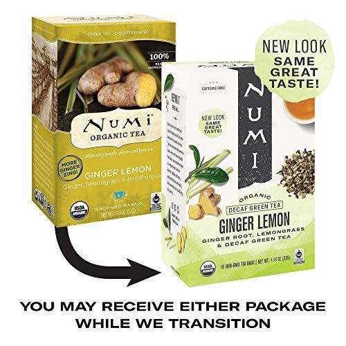 Numi Numi Organic Tea Ginger Lemon, 16 Count Box of Tea Bags (Pack of 6) Decaf Green Tea (Packaging May Vary)