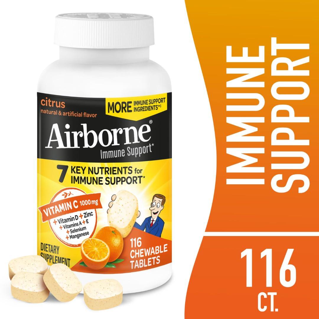 Airborne Airborne 1000mg Vitamin C + Zinc Immune Support Supplement Chewable Tablets, Citrus Flavor with Powerful Antioxidants Vitamins A C & E, 116 Chewable Tablets (2 Pack)