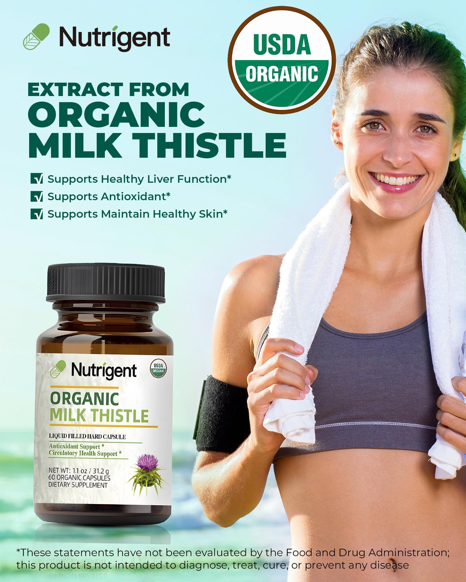 Nutrigent Nutrigent USDA Organic Milk Thistle Supplement 25:1 Extract, 8750 mg Strength, Silymarin Supplement 280 mg, Liquid Organic Capsules, Liver Health & Detox Support, Non-GMO, 60 Count