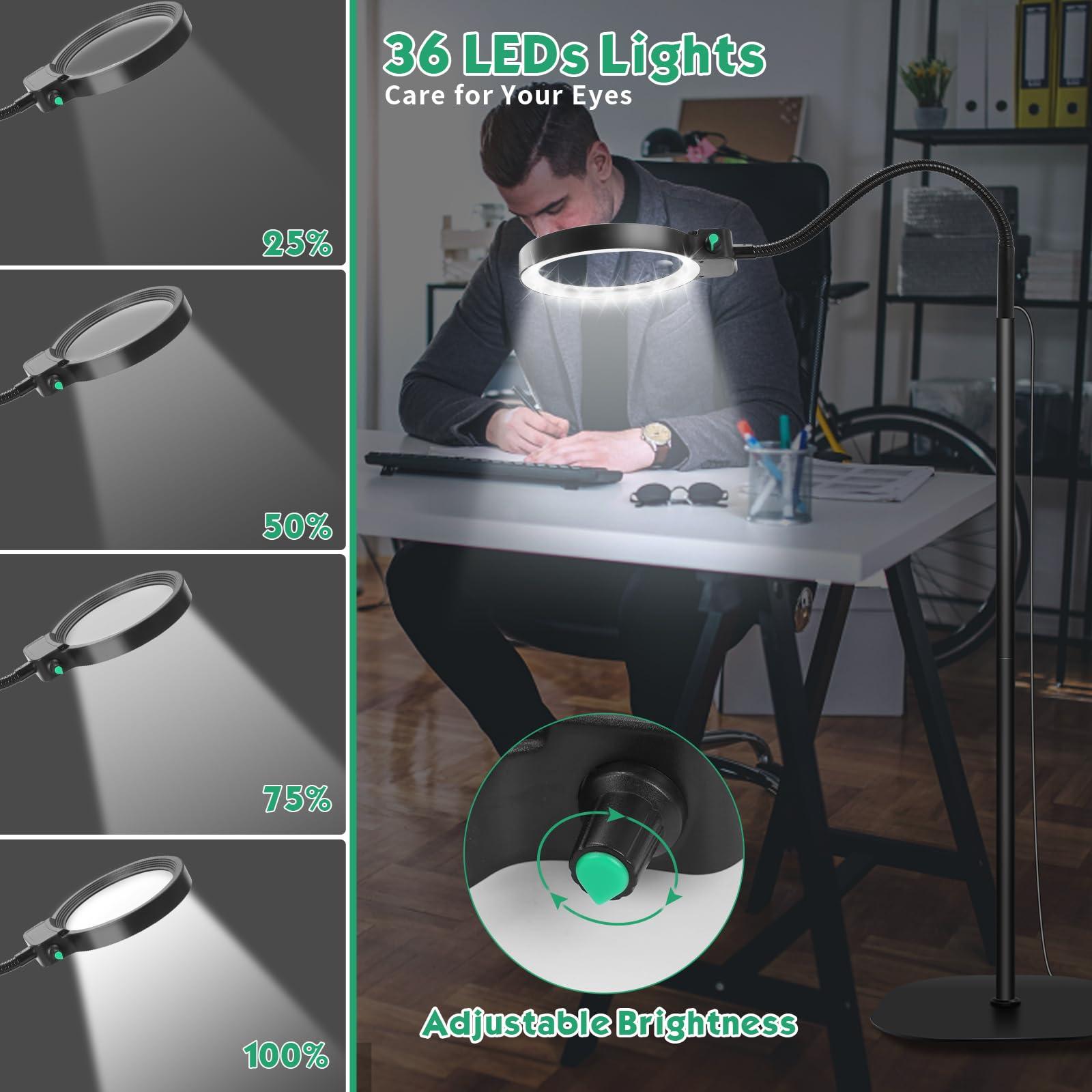 NZQXJXZ 10X 30X Floor Magnifying Glass with Light and Stand,36 LED Flexible Gooseneck Floor Magnifying Lamp, Adjustable Brightness Large Lighted Magnifiers for Reading,Sewing,Crafts,Painting,DIY,Close Work