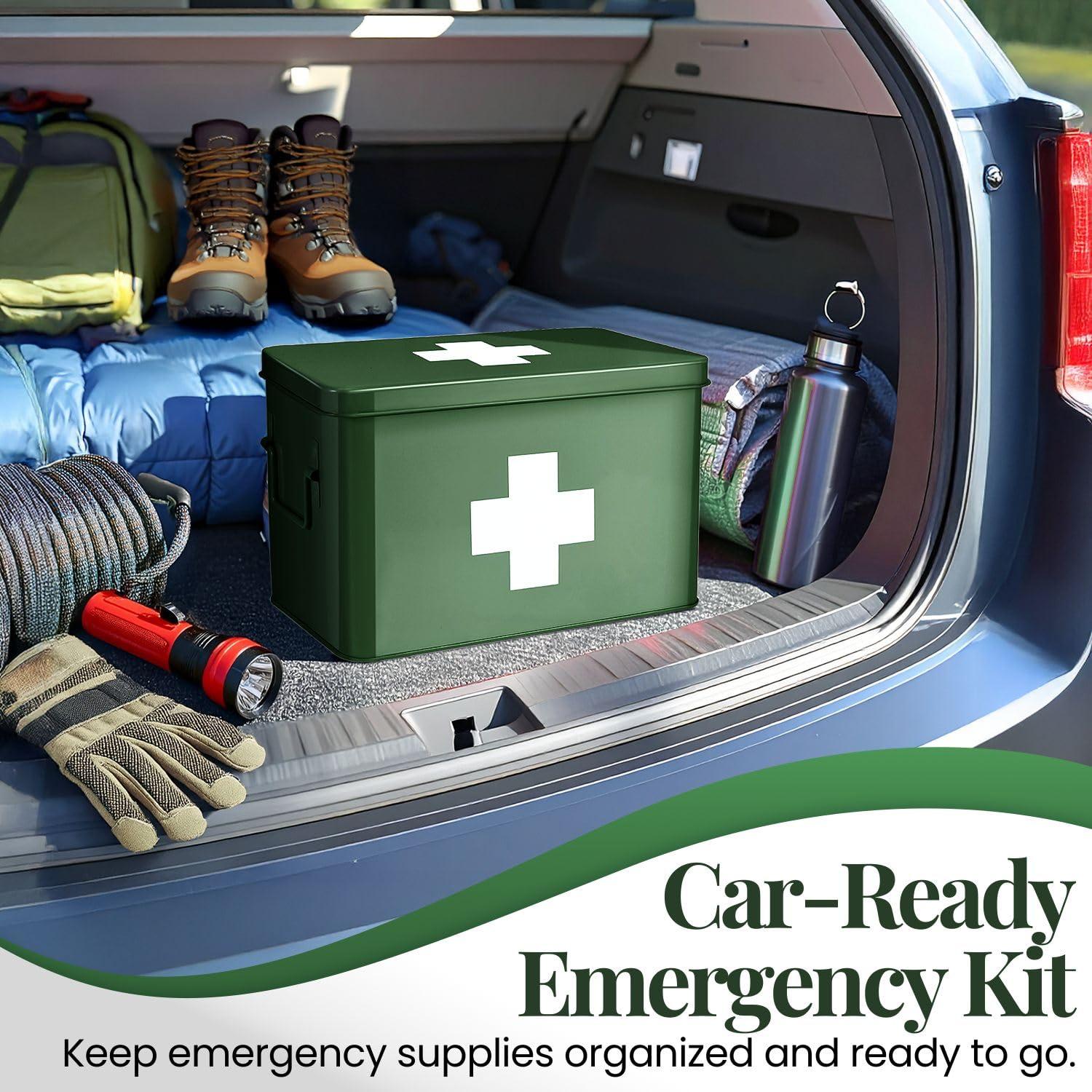 Flexzion Flexzion First Aid Box Organizer - Empty 13\" Green Vintage First Aid Kit Tin Metal Medical Box - First Aid Storage Box Container Bins with Dividers, Removable Tray and White Cross Logo