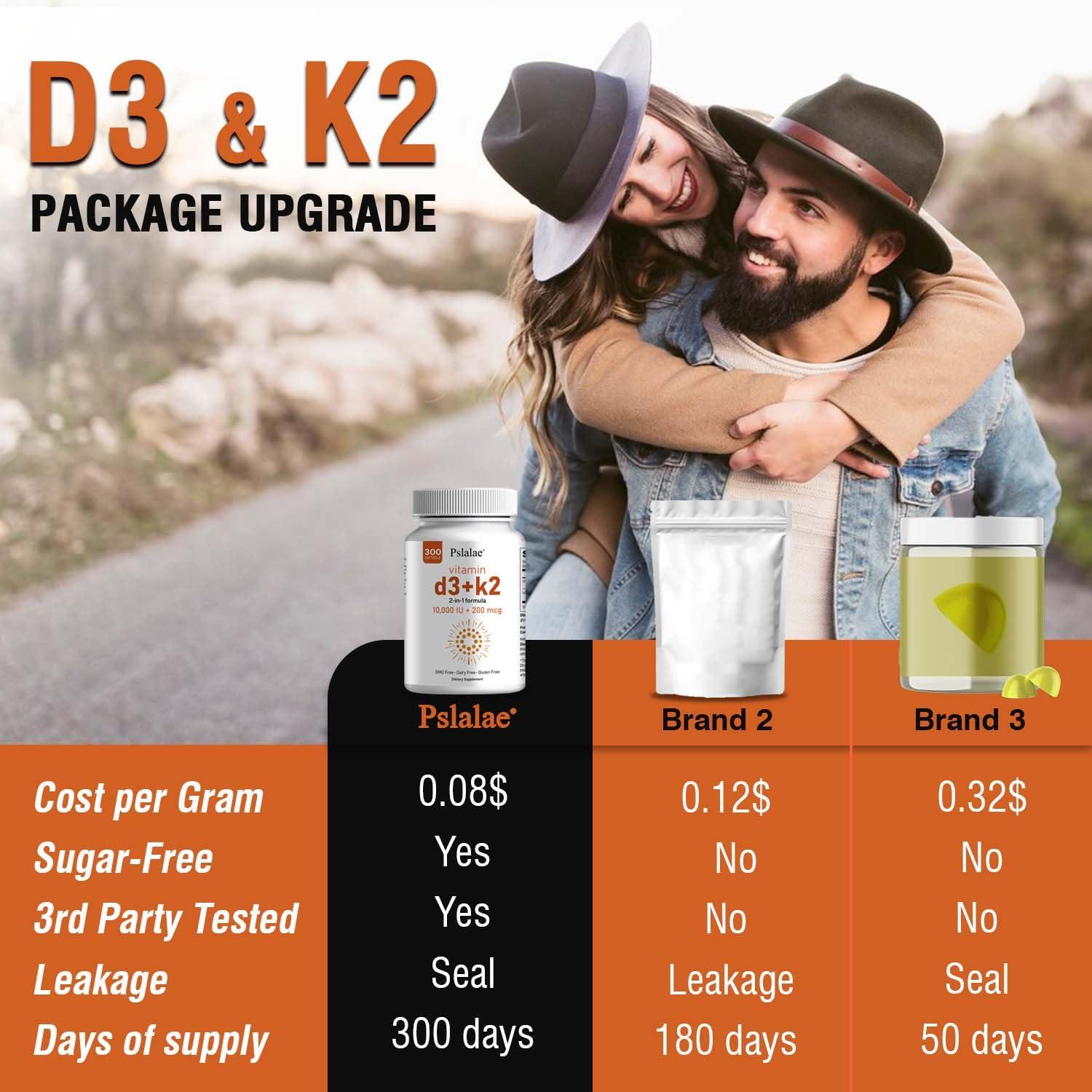 Pslalae Pslalae Vitamin D3 10000 Iu with K2 200 McgK2 Mk-7 with D3 Vitamin Supplement2 in 1 Support Immune, Heart, Joint, Teeth & Bone Health - Easy to Swallow,300 Softgel 2pack