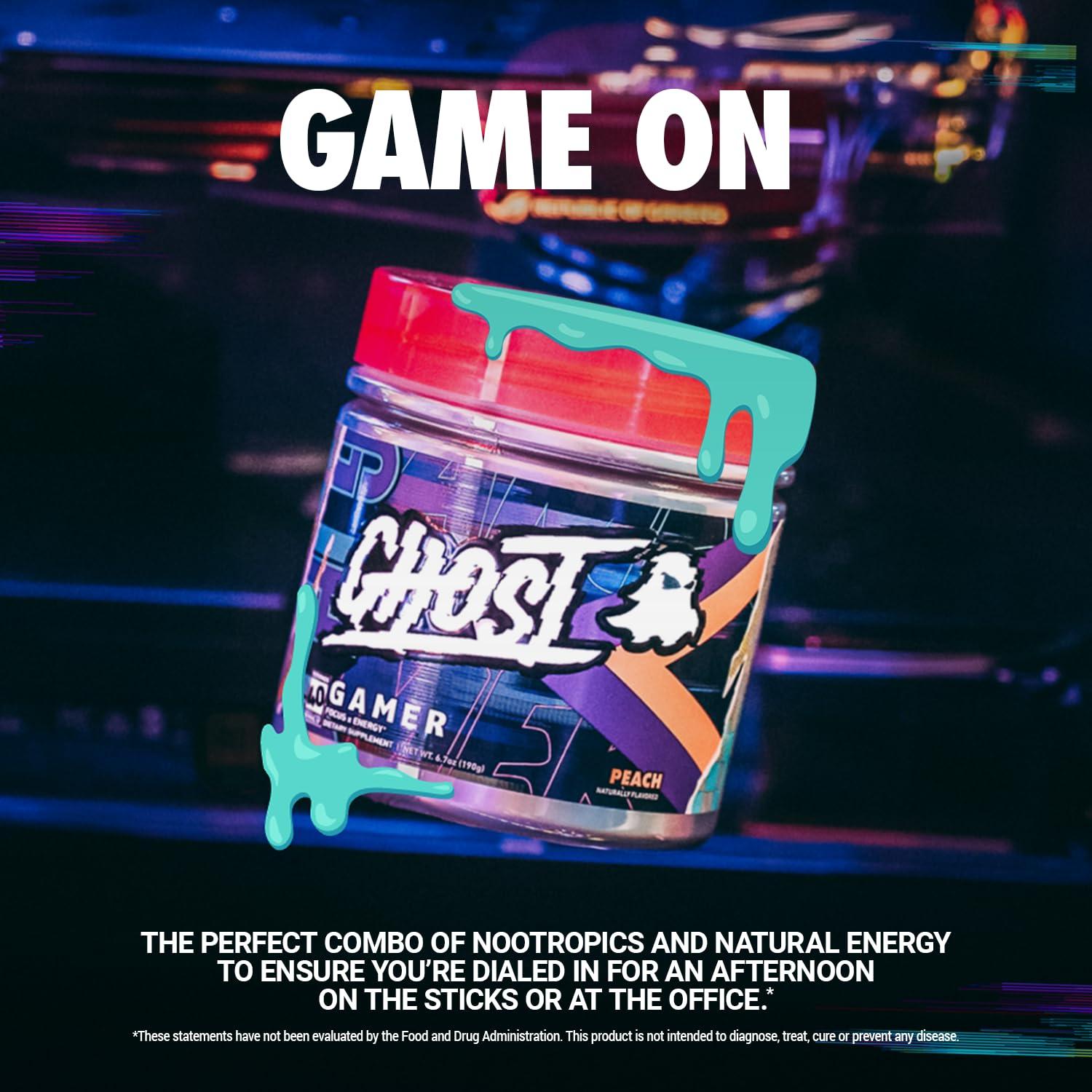 GHOST GHOST Gamer: Energy and Focus Support Formula - 40 Servings, Peach - Nootropics & Natural Caffeine for Attention, Accuracy & Reaction Time - Vegan, Gluten-Free