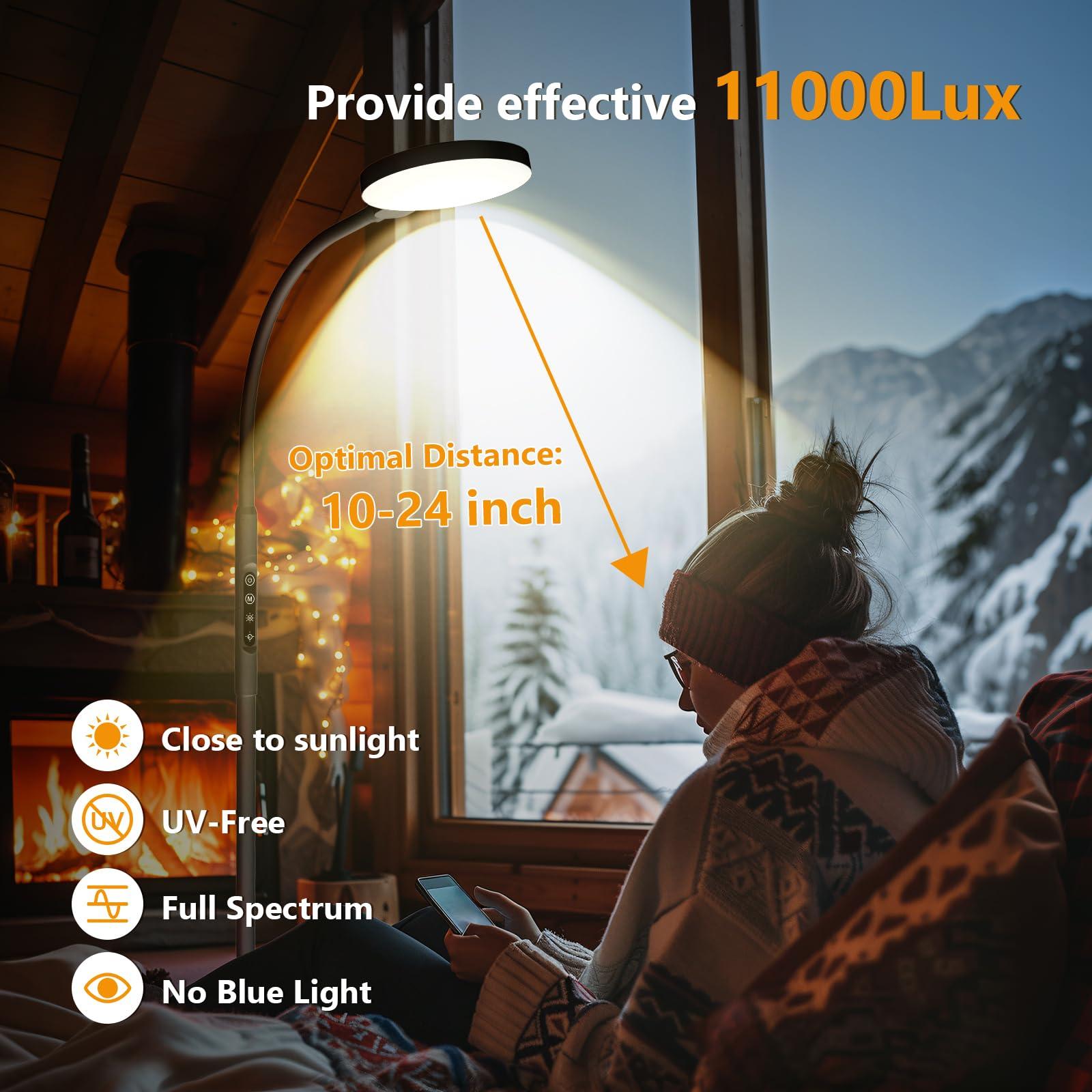 Aulaidik Light Therapy Lamp, 3 in 1 Happy Therapy Floor Lighting, 11000 Lux Full Spectrum Therapy Lamps, UV-Free LED Sunlight, 10 Brightness/5 Color/Gooseneck/Height Adjustable With Remote Timer Control, Black
