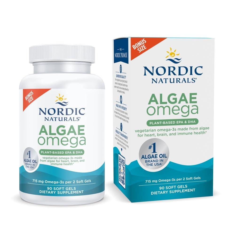 Nordic Naturals Nordic Naturals Algae Omega - 90 Soft Gels - 715 mg Omega-3 - Certified Vegan Algae Oil - Plant-Based EPA & DHA - Heart, Eye, Immune & Brain Health - Non-GMO - 45 Serving