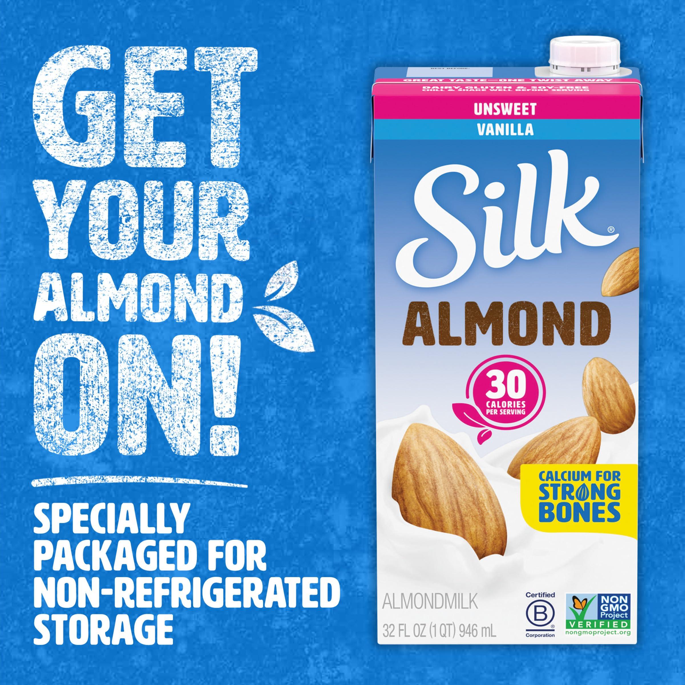 Silk Silk Shelf-Stable Almondmilk, Unsweetened Vanilla, Dairy-Free, Vegan, Non-GMO Project Verified, 1 Quart