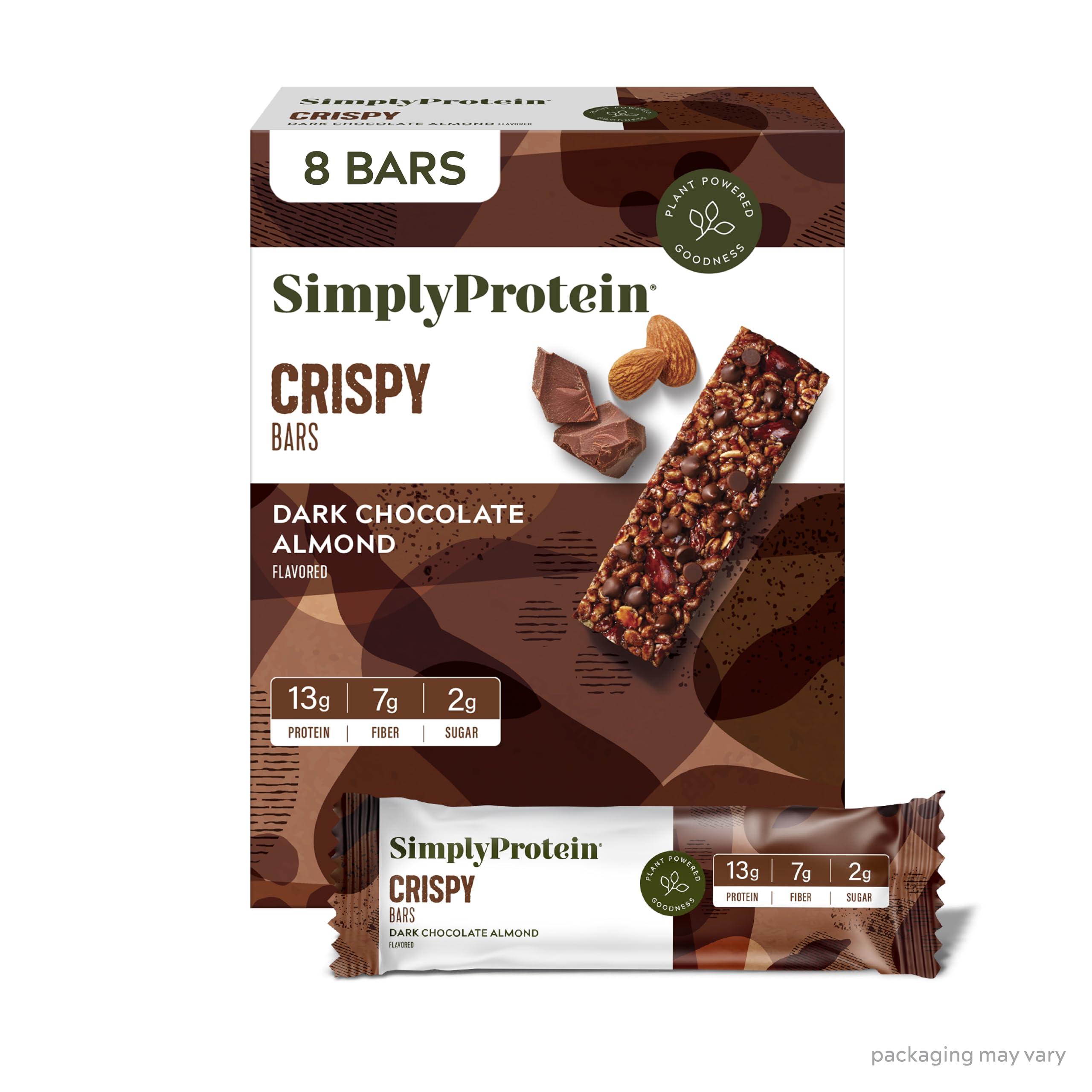 Simply Protein Simply Protein - Dark Chocolate Almond Crispy Bars - Plant Based Protein Bars - Low Carb, Low Sugar, High Fiber - 13g Protein, 2g Sugar, 7g Fiber - Vegan, Gluten Free, Non GMO, Kosher - 8 Bars