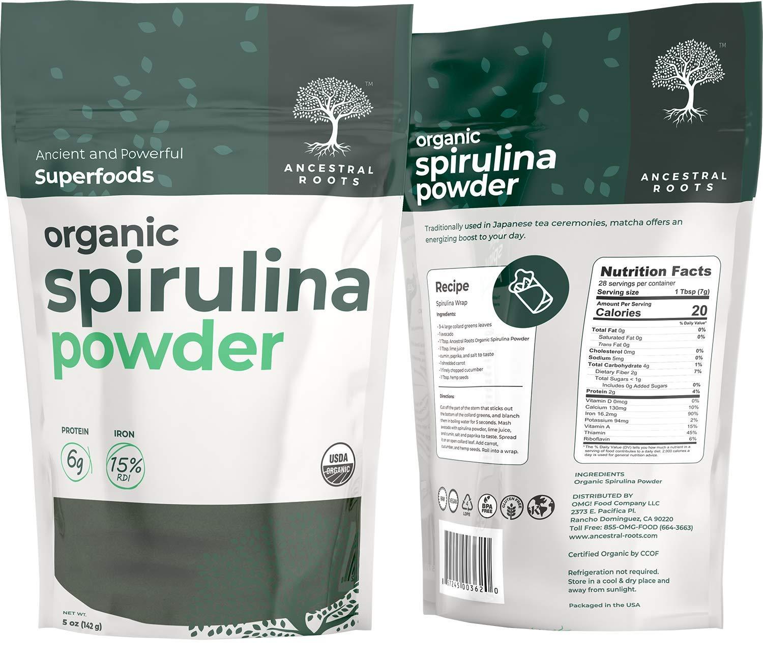 OMG! Organic Meets Good Ancestral Roots - Organic Spirulina Powder (5 oz - 2 Pack) I USDA Certified Vegan Spirulina Powder I 100% Pure Superfood for Optimal Health & Immune Support.