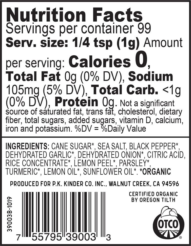 KINDER'S Kinder\'s Organic Cracked Pepper and Lemon, Premium Quality Seasoning, MSG Free and USDA Certified Organic, 3.5 oz