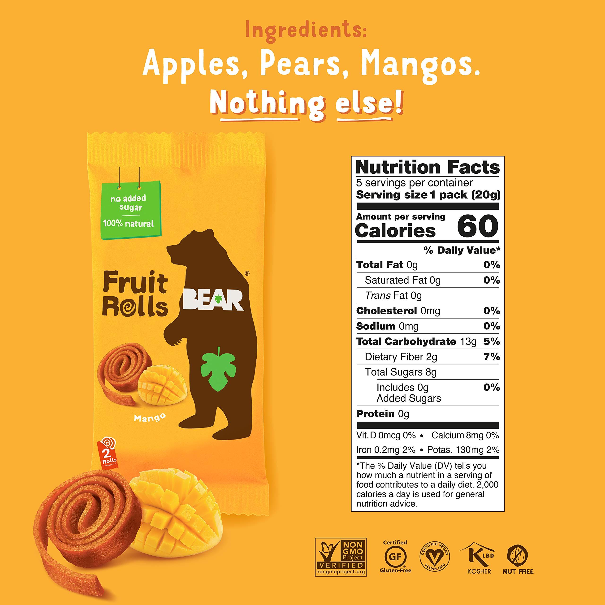 BEAR BEAR Real Fruit Yoyos, Mango, No Added Sugar, All Natural, Non GMO, Gluten Free, Vegan, Healthy On-The-Go Snack For Kids & Adults, 0.7 oz (Pack of 30)