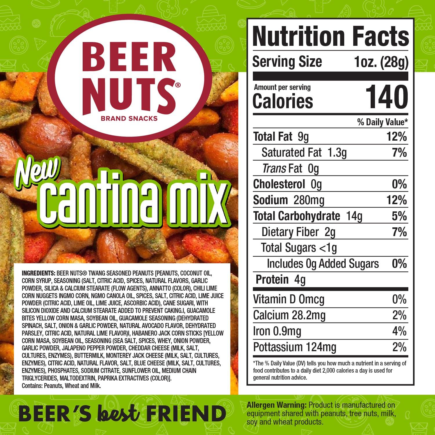 BEER NUTS BEER NUTS Cantina Mix with Twang, Twang Seasoned Peanuts, Chili Lime Insane Grain, Guacamole & Habanero Sticks, Resealable Jar (12oz)