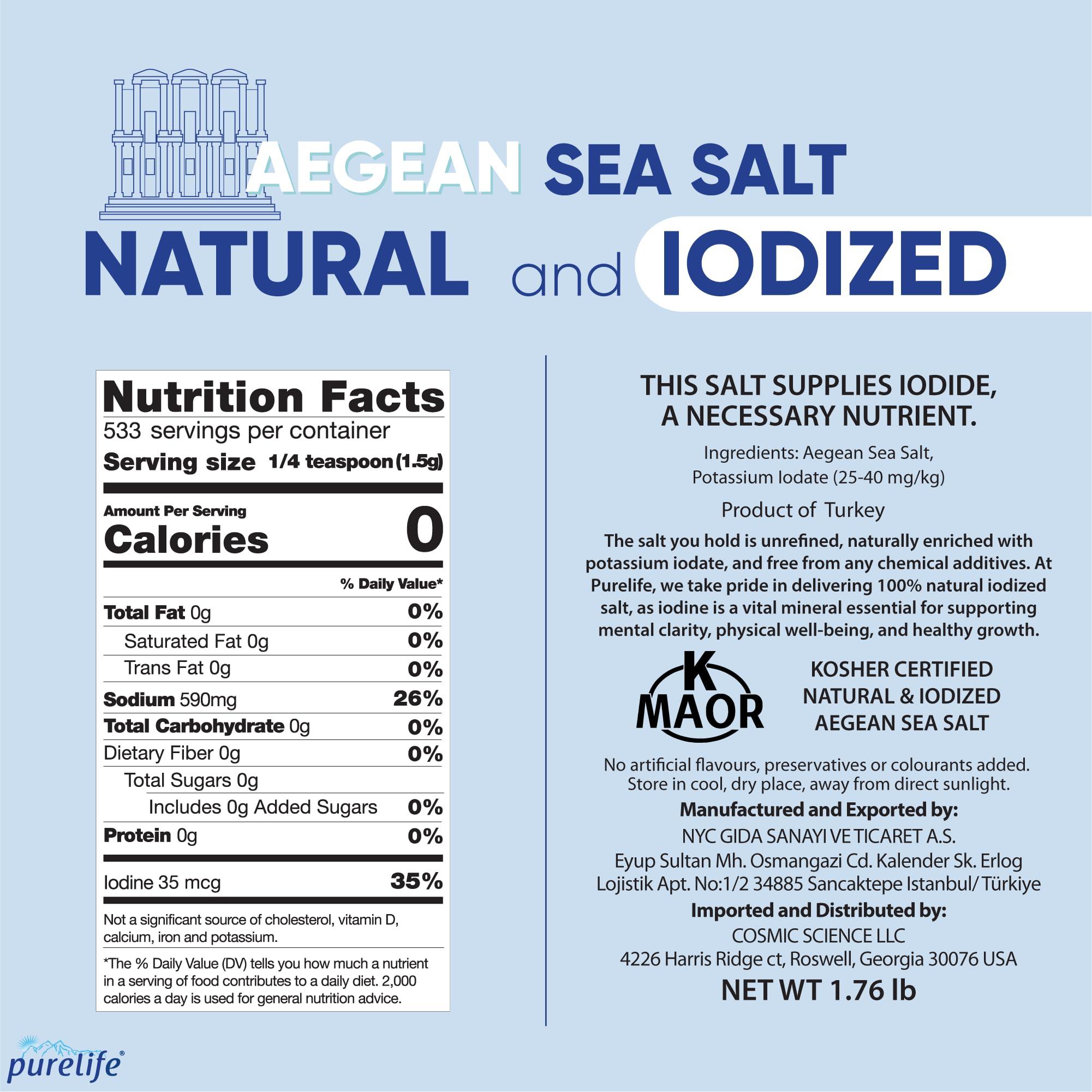 Purelife Purelife Iodized Sea Salt Organic - Ground Fine Sea Salt with Iodine | Kosher Certified, Unrefined, Aegean Harvested | Perfect for Cooking & Baking | Vegan, Paleo, Keto, Gluten & MSG Free - 1.76 Lbs