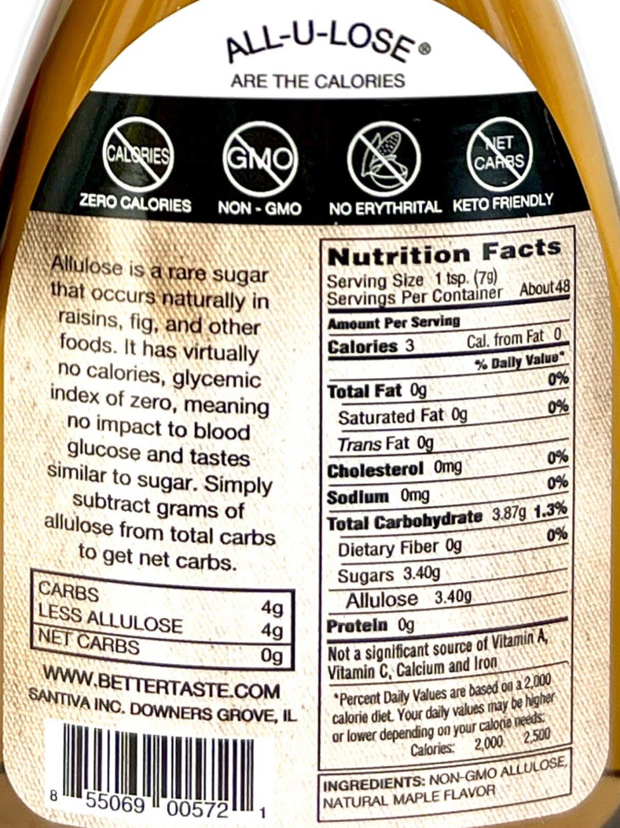 All-u-Lose BetterTaste Maple Natural Flavored Allulose Syrup, 11.75 oz, Zero Calorie, Sugar Substitute, Non-GMO, Gluten Free (11.75 oz Pack of 2-572, Maple)