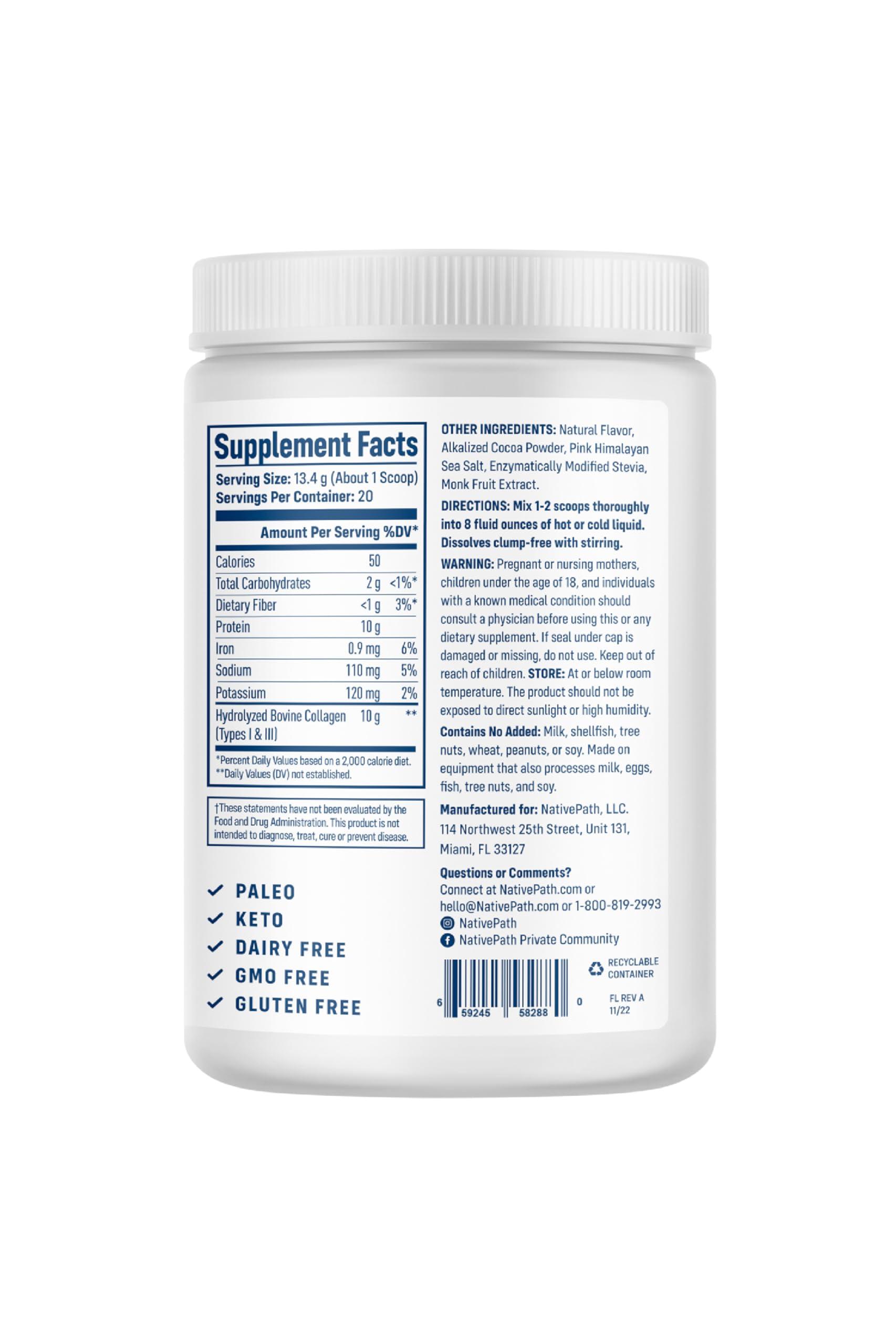 NativePath NativePath Collagen Peptides - Hydrolyzed Type 1 & 3 Collagen. Keto & Paleo Grass-Fed Protein Powder for Hair, Skin, Nails, Bones, Joints, Digestion and More - No Gluten or Dairy (Chocolate, 268g)