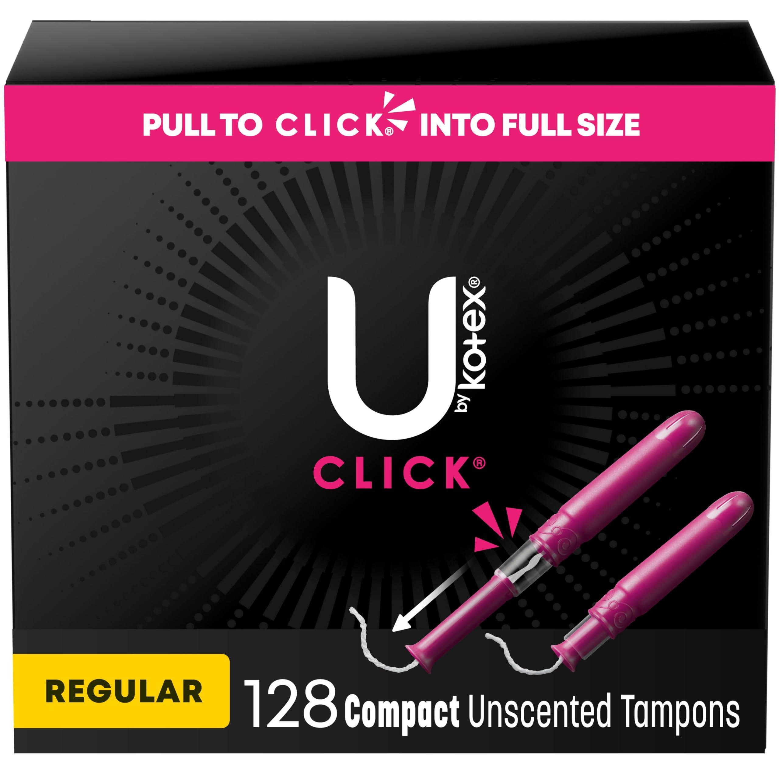 U by Kotex U by Kotex Click Compact Tampons, Regular Absorbency, Unscented, 128 Count (8 Packs of 16) (Packaging May Vary)
