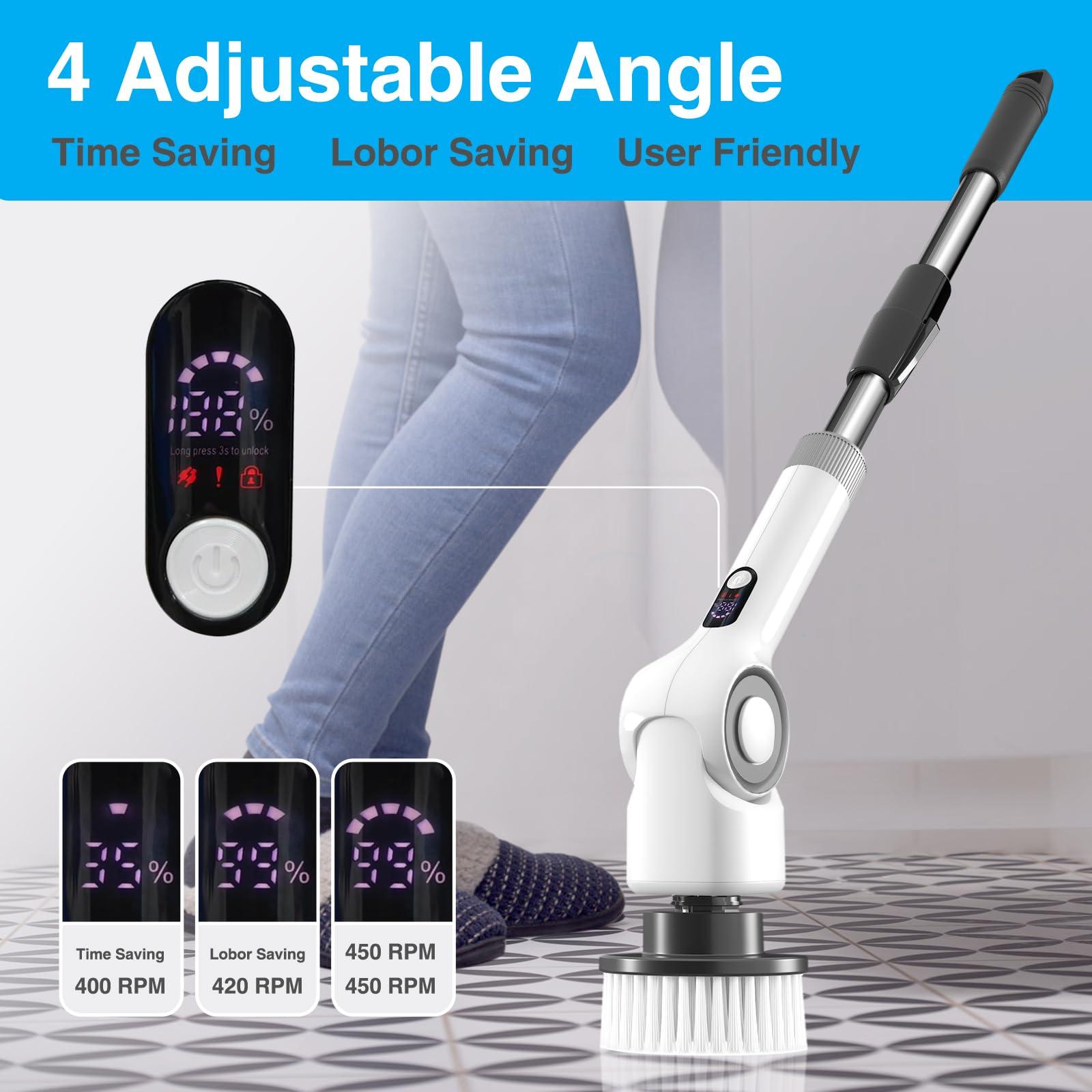 Bamifun Angle Adjustable Electric Spin Scrubber Cordless Cleaning Brush with 3 Speeds Cordless Scrubber Home Electric Scrubber Power Scrubber Shower Scrubber Power Display Screen for Bathroom Kitchen