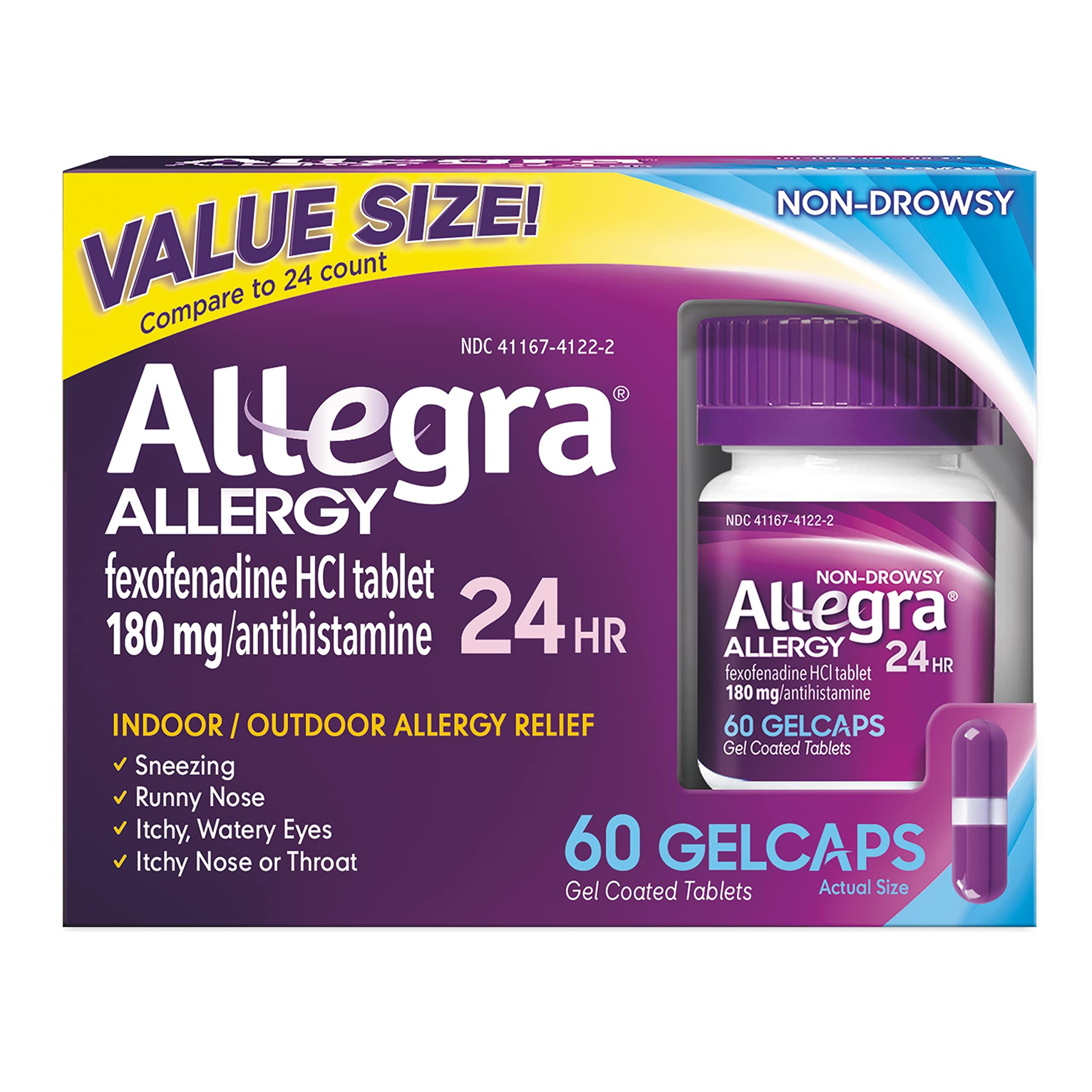 Allegra Allegra 24HR Adult Non-Drowsy Antihistamine Tablets, 100-Count, 24-Hour Allergy Relief, 180 mg & Adult 24HR Non-Drowsy Antihistamine Gelcaps, 60-Count, Fast-Acting Allergy Symptom Relief, 180 mg
