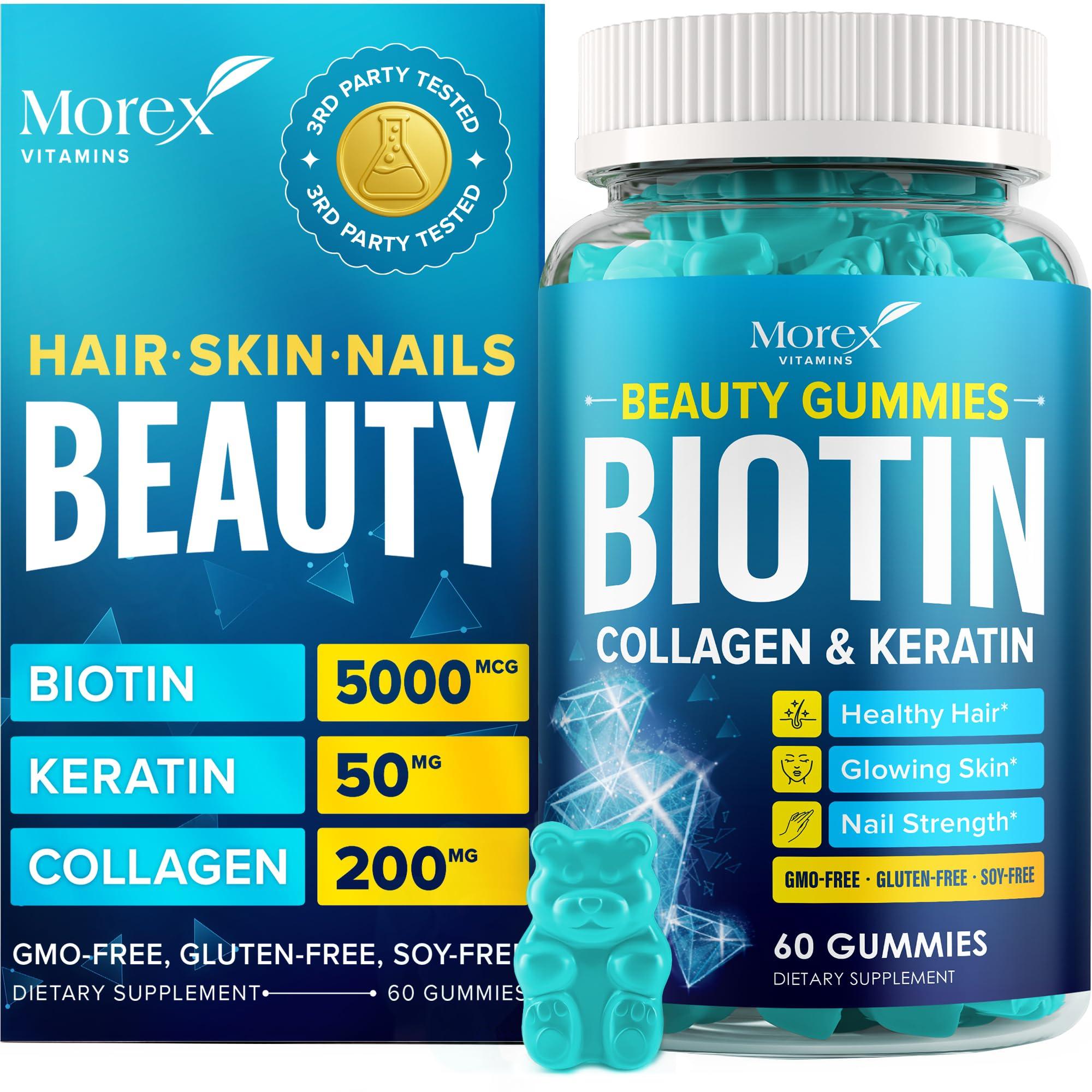 MOREX VITAMINS Hair Vitamins Natural Gummies - Biotin Multivitamin for Hair, Skin & Nails with Collagen & Keratin - Anti Aging Collagen Gummy Vitamins for Men & Women - Hair & Nail Growth Gummies - 60psc