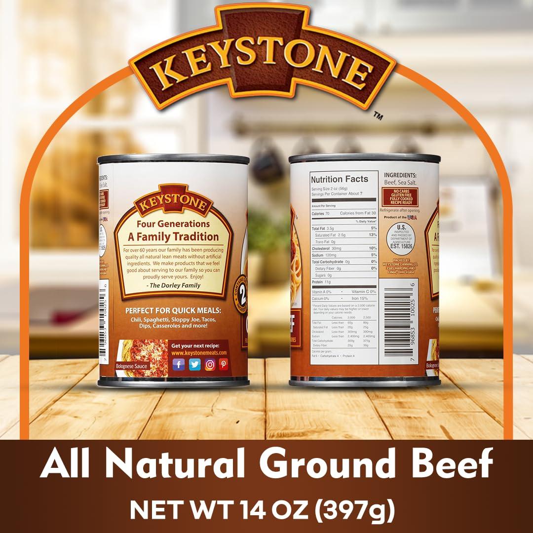 Keystone Meats Keystone All Natural Ground Beef 14 Ounce Long Term Emergency Survival Food Canned Meat | Fully Cooked Ready to Eat | Gluten Free Family Pack of 3