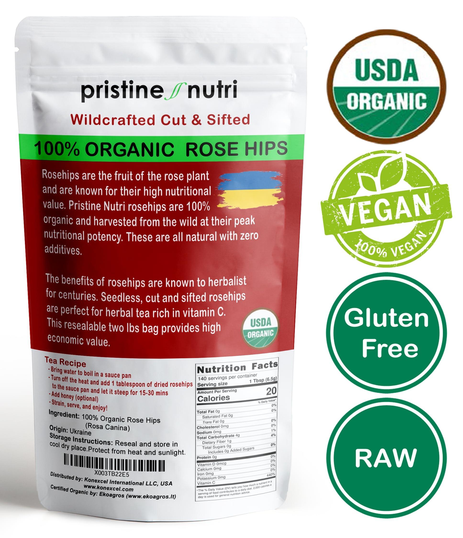 pristine nutri 2 lb (32 oz) Rose Hips Dried Organic Bulk, Organic Rosehips Cut & Sifted, 95% Seedless, European All Natural, Rosehips Dried Organic Bulk, Makes 140 Cups of Vitamin C Rich Tea (packaging may vary)