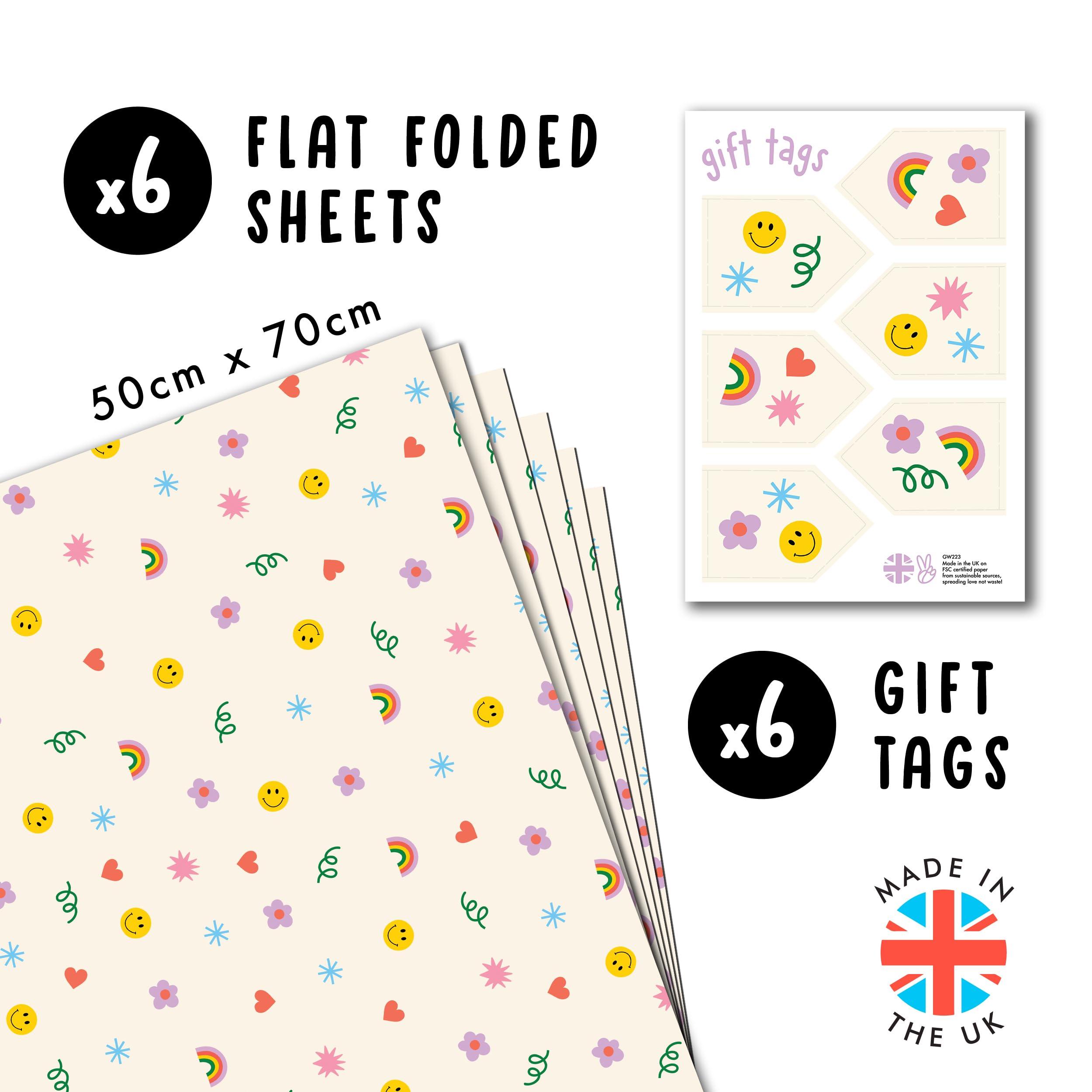 CENTRAL 23 CENTRAL 23 - Cute Wrapping Paper - 6 Sheets of Birthday Gift Wrap - Rainbows Smileys Hearts - For Children - Girls Boys - Recyclable
