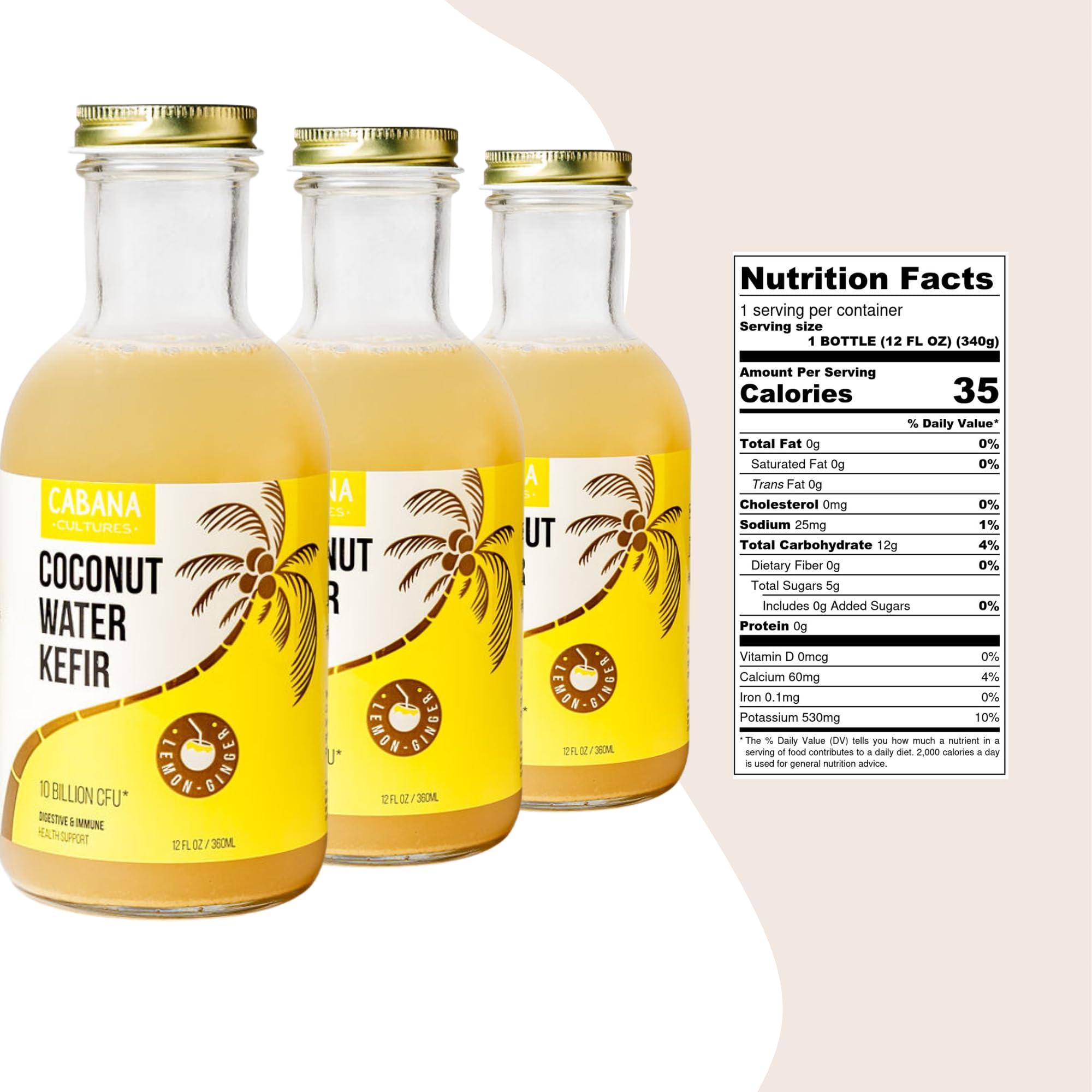 Cabana Cultures Cabana Cultures - Probiotic Coconut Water Kefir, Gut Health & Immunity Support, Hydration & Electrolytes, Vegan, Low Sugar (Lemon-Ginger, 12-Pack)