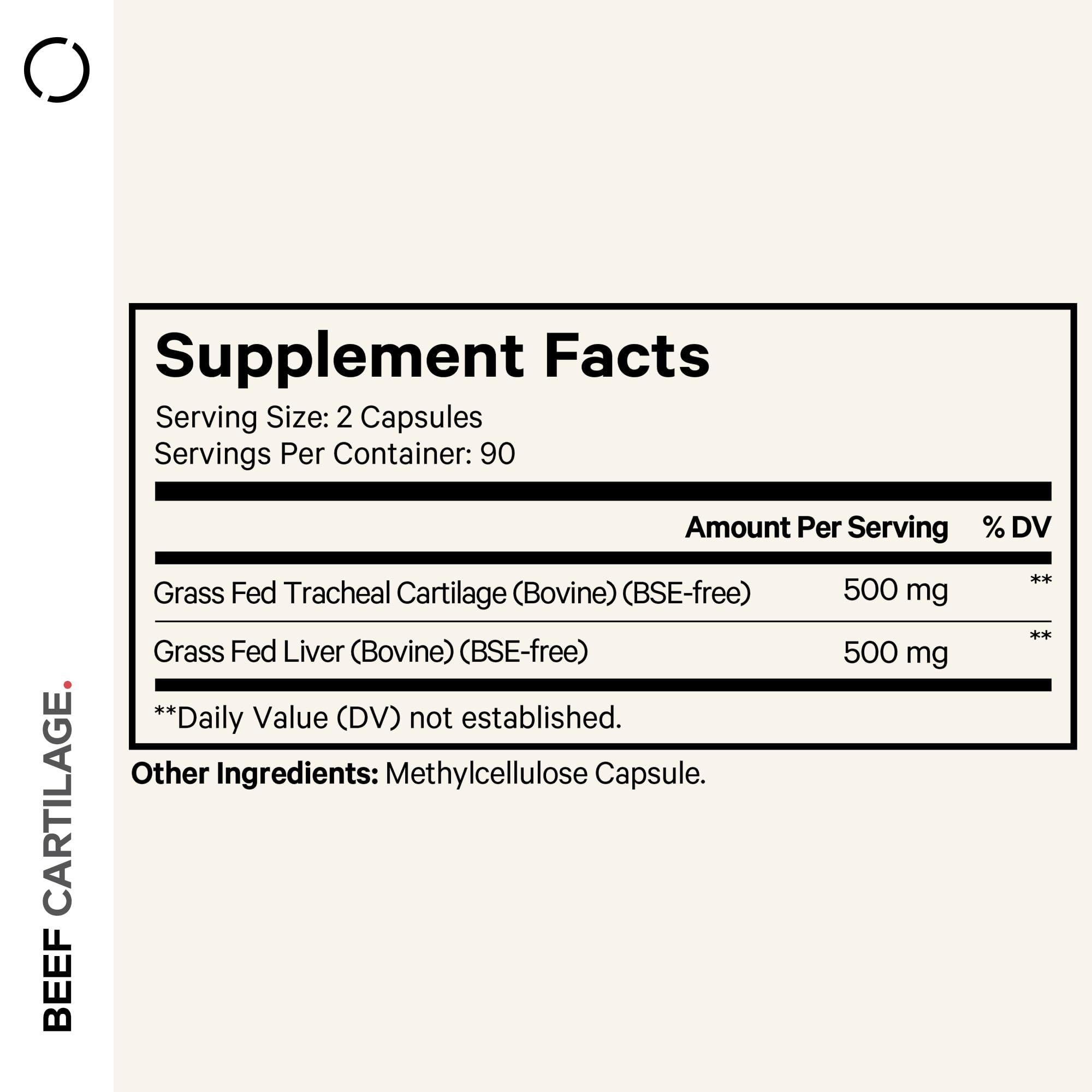 Codeage Codeage Grass Fed Beef Cartilage Supplement - Freeze Dried, Non-Defatted, Desiccated Beef Tracheal Bovine Cartilage & Liver Pills – Pasture Raised Argentina Beef Vitamins - Non-GMO -180 Capsules