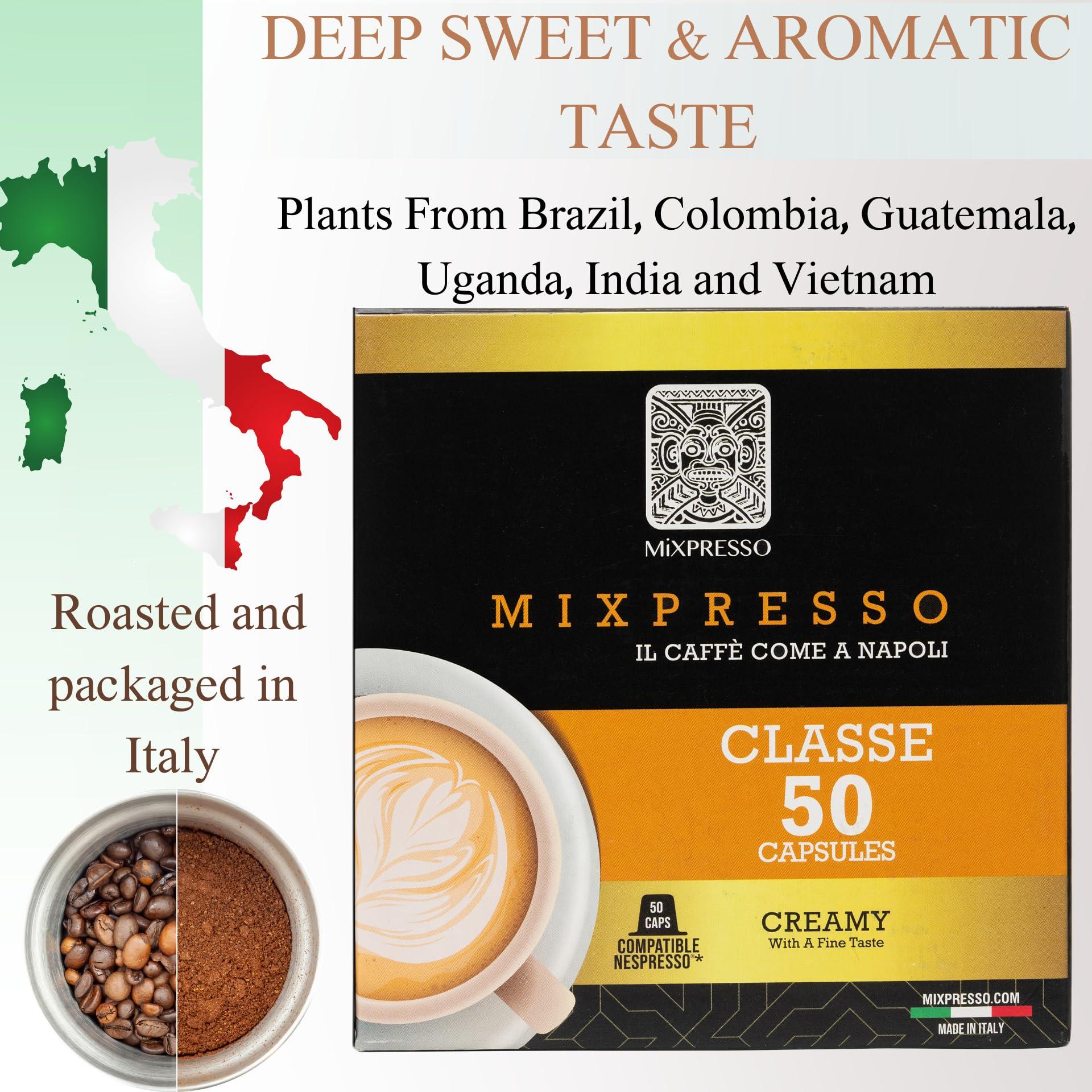 Mixpresso Nespresso Capsules (Compatible) - Coffee from Italy - by Mixpresso (50 Capsules, Classe: Medium) Bundle With Coffee Decaf Espresso Capsules Single Cup Coffee Pods 100% from Italy, Dark Roast 80% Arabi