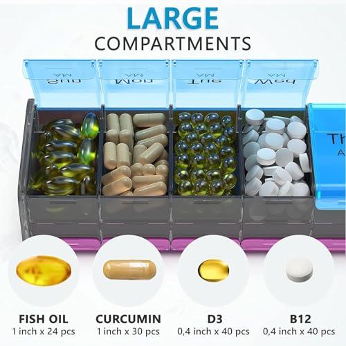 BEXEEN Extra Large Pill Organizer- XXL Pill Box 7 Day - Weekly Pill Organizer with AM PM Large Compartments Big Pill Case for Supplements Jumbo Pill Holder for Vitamins Huge Medicine Organizer 2 Times a Day