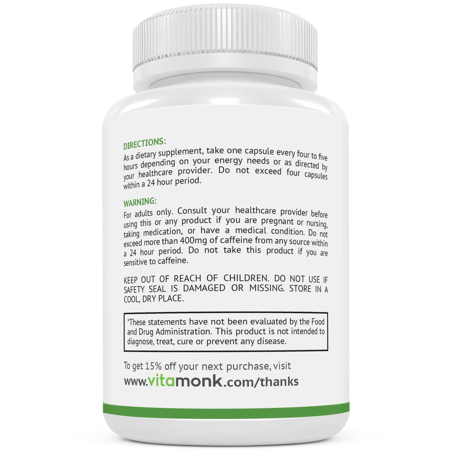 VitaMonk VitaMonk Low Dose Caffeine and Theanine - No Jitters, No Crash- Microdose of Caffeine L Theanine Pills with Caffeine Theanine and Theobromine - 25mg of Caffeine, Caffeine Pills L Theanine - 60 Caps