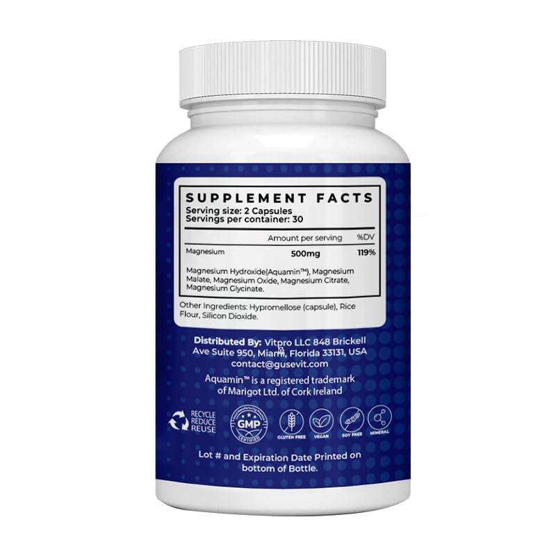Gusevit 5-in-1 Gusevit Magnesium Complex, Aquamin Magnesium Hydroxide, Malate, Oxide, Citrate, Glycinate, 60 Capsules, 30 Days Supply,